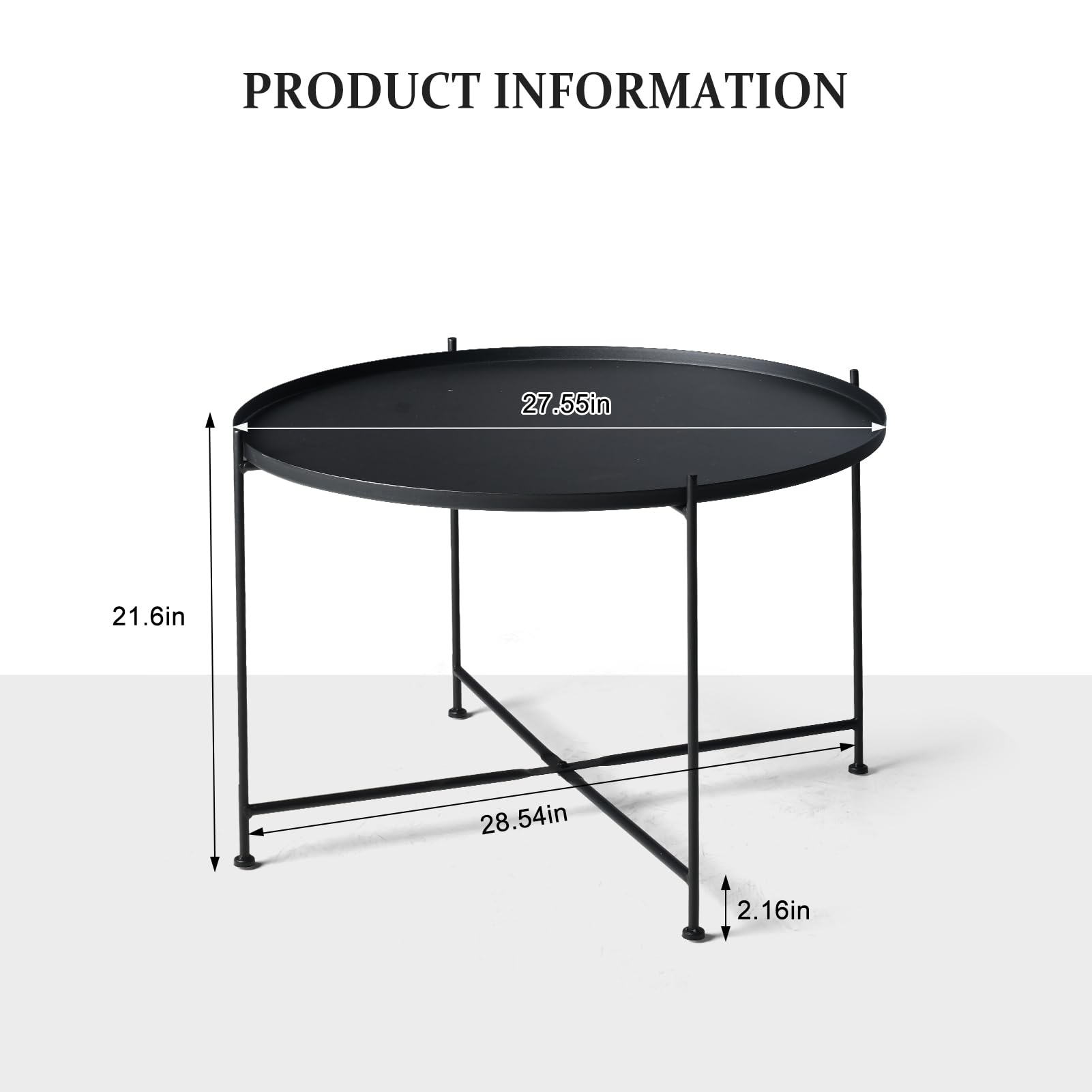Round Side Table with Tray Top - Metal Folding Accent Coffee Table - Waterproof & Rustproof for Indoor & Outdoor Use - 21.65