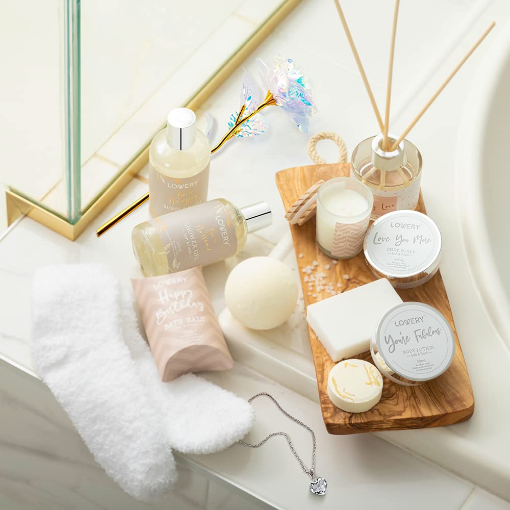 Luxury Birthday Spa Gift Box for Women - Vitamin E Bath Essentials, Aromatherapy Diffuser, Scented Candle & Sterling Silver CZ Heart Necklace - Perfect Birthday Gifts for Her, Mother's Day or Anniversary - Relaxing Self-Care & Pampering Gift Set