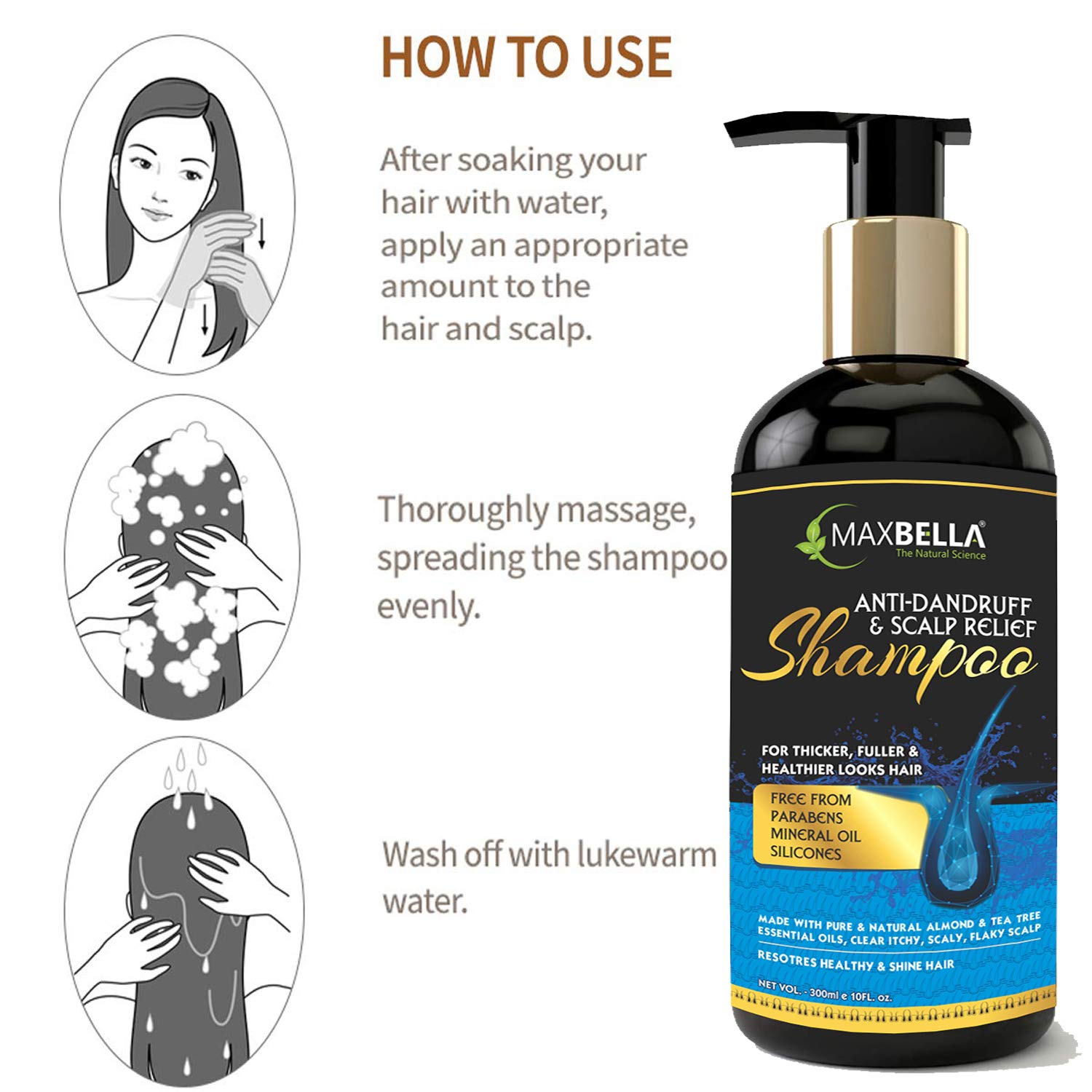 MaxBella® Anti-Dandruff Shampoo with Almond & Tea Tree Oil - Paraben & Mineral Oil Free - 300ml Scalp Care for Men & Women - Perfect for Dry, Itchy Scalp & Flake Relief