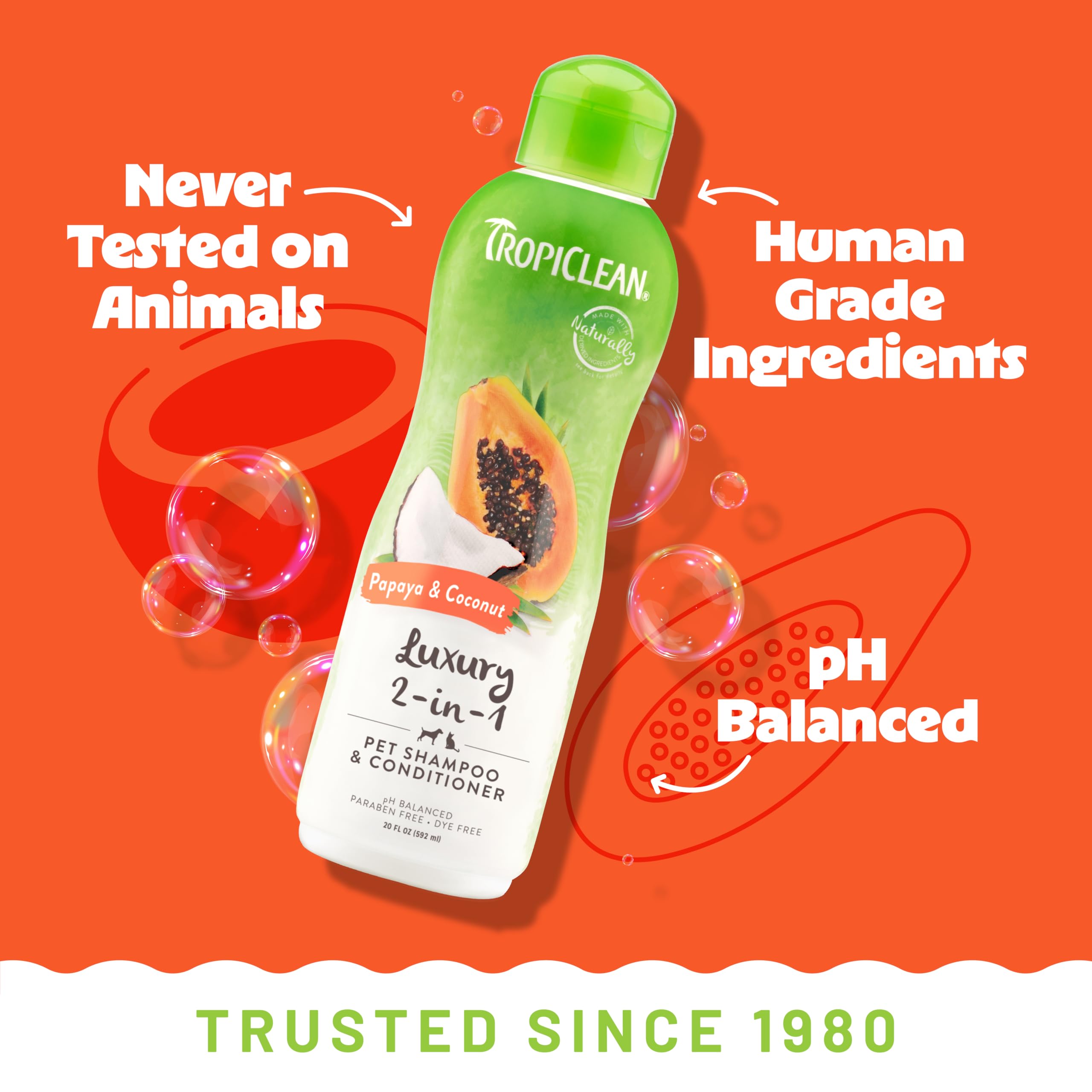 TropiClean 2-in-1 Dog Shampoo and Conditioner | Moisturizing & Detangling Formula | Safe for Puppies, Cats & Kittens | Made in USA | Papaya Scent | 20oz | Perfect for Bath Time & Grooming Sessions