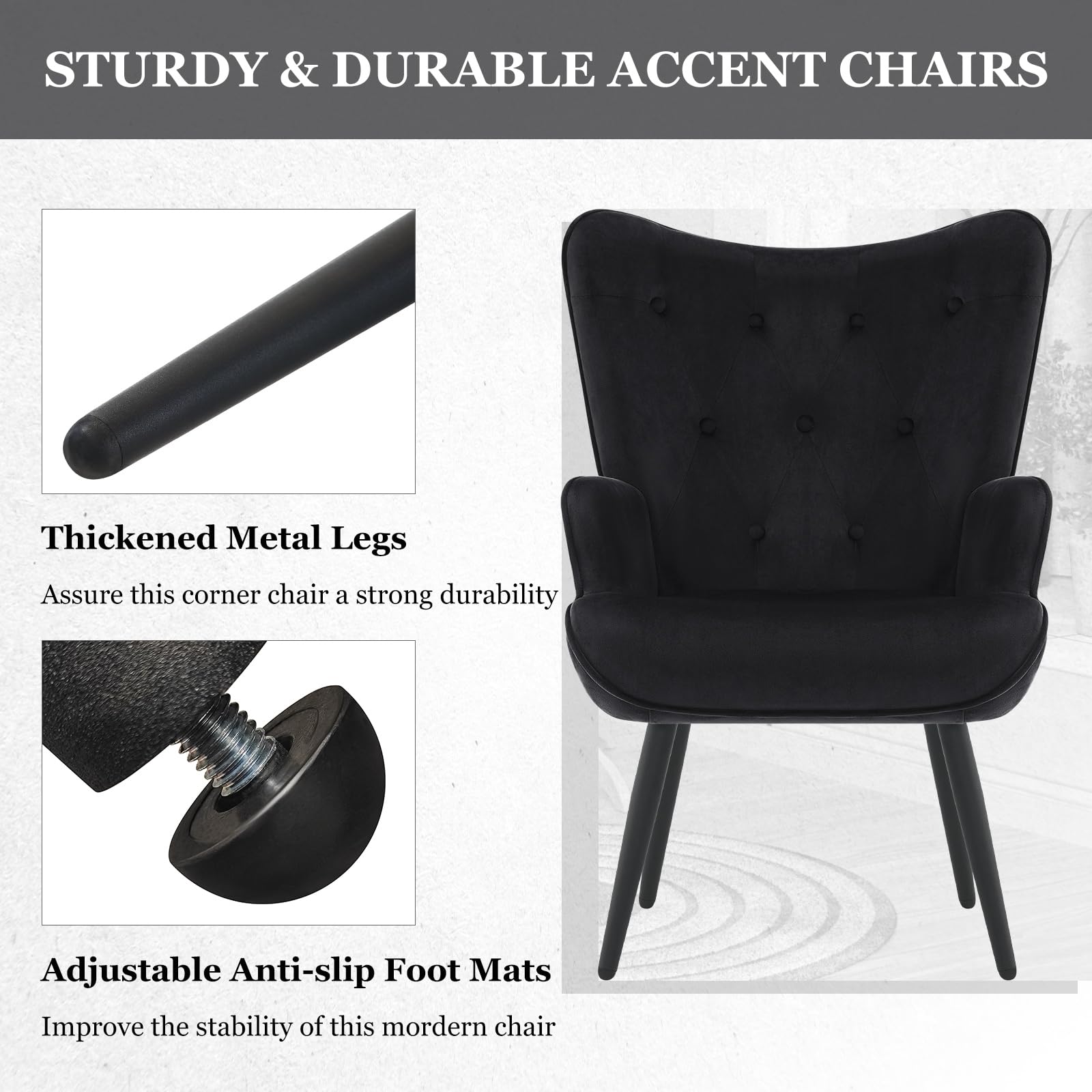 Furnimart Black Velvet Accent Chair - Mid Century Modern Living Room Armchair with Comfortable Cushion | Stylish Wingback Design for Office, Study, Bedroom, Vanity & Waiting Room | Perfect for Relaxing, Reading & Home Decor