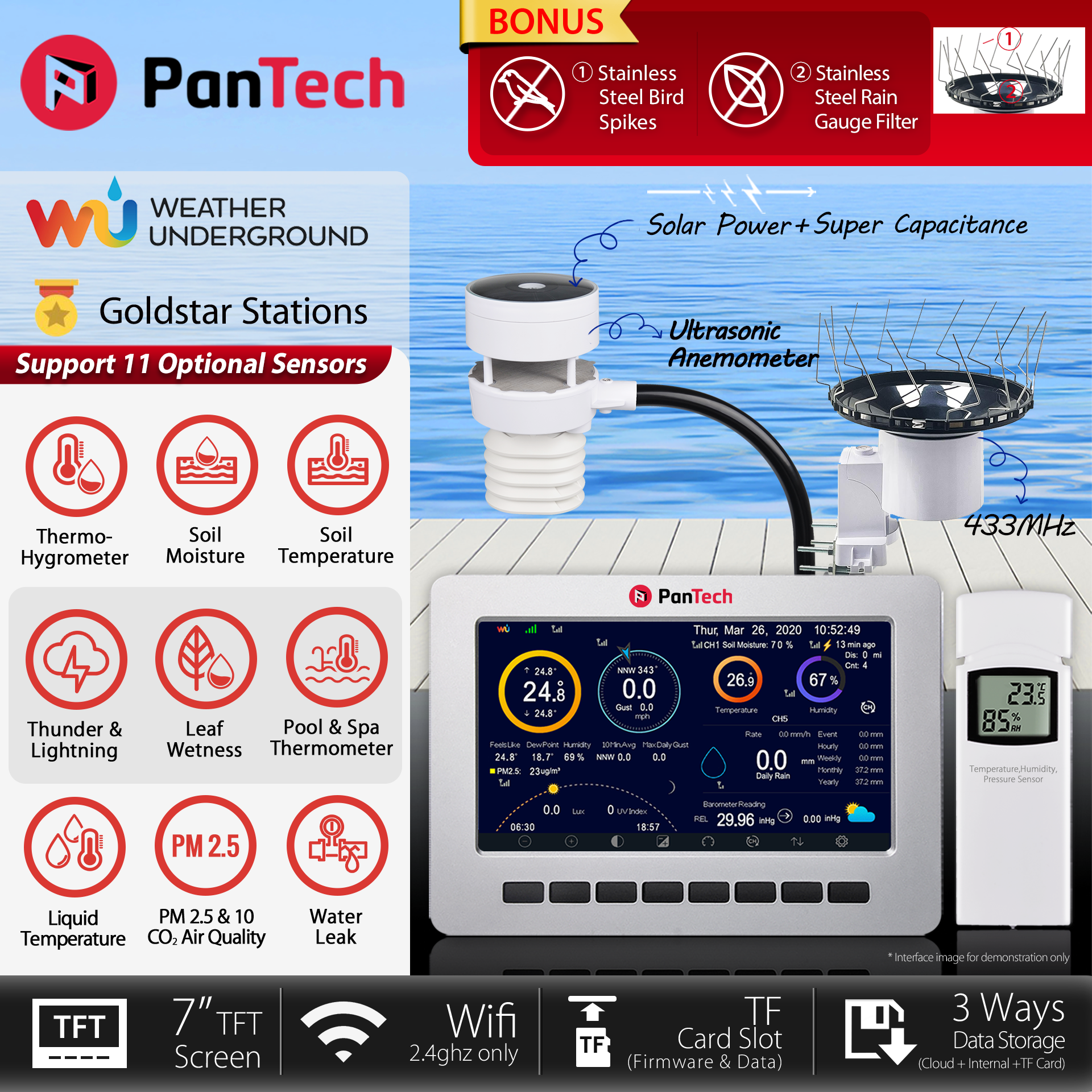 PanTech Wireless Weather Station with WiFi, Ultrasonic Wind Sensor & Solar Power - PT HP2553 - AU Stock - Perfect for Home, Garden & Outdoor Monitoring
