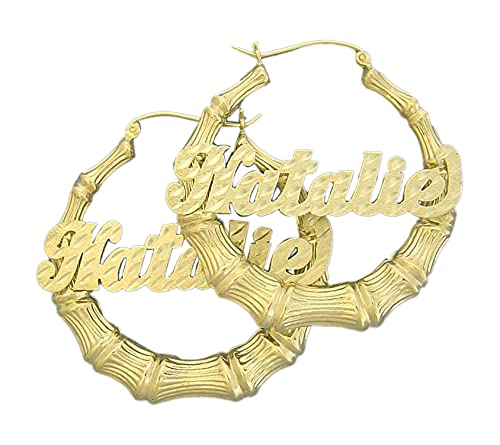 10K Gold Personalized Diamond Cut Name Hollow Bamboo Hoop Earrings - 1 11/16