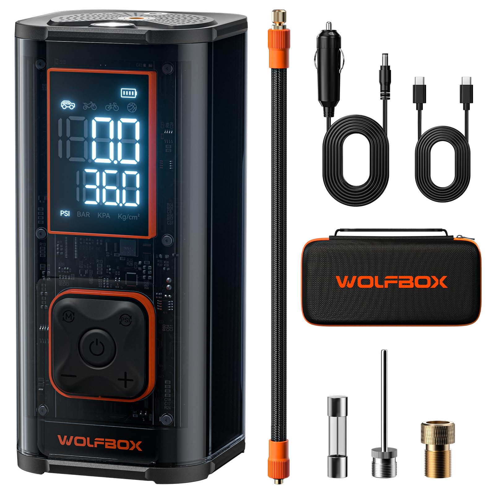 WOLFBOX 12000mAh & 150PSI Heavy Duty Portable Tire Inflator Air Compressor - Dual Cylinder 58LPM Fast Pump for Car Tires, Bikes, Pickup Trucks | 3.5'' LED Display & 20'' Hose | Emergency Roadside Assistance, Camping, Home Garage Use