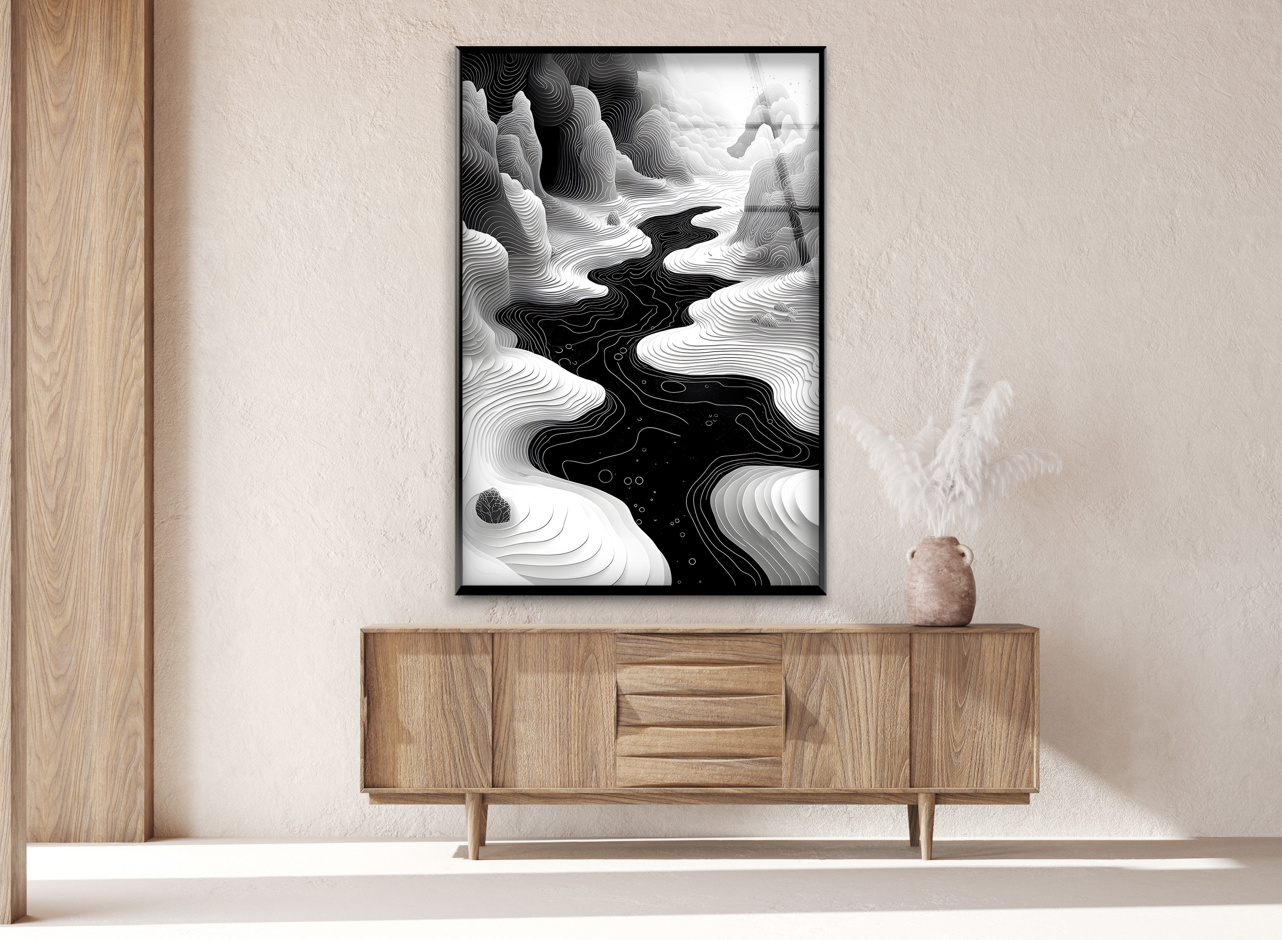Abstract Black & White Landscape Wall Art - Modern Geometric Canvas Print for Living Room & Office Decor