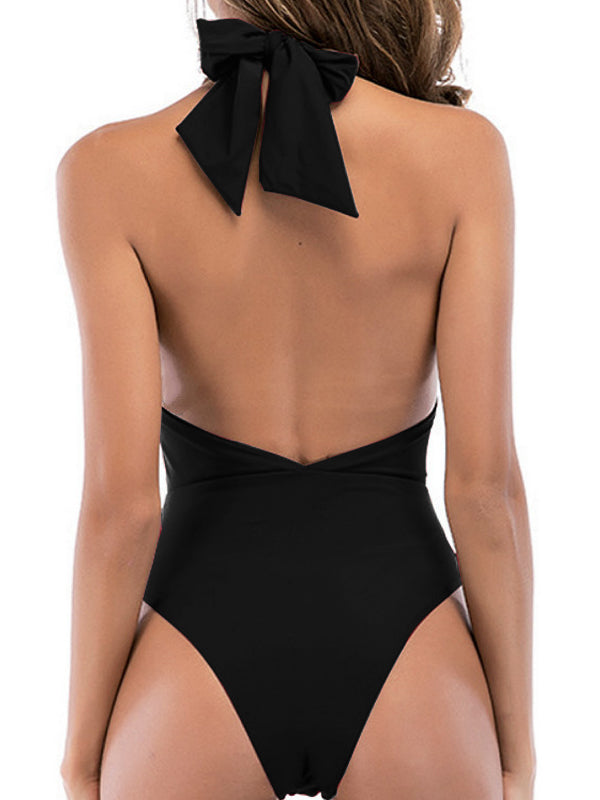 ZASUWA Women's Solid Color Halter Lace Up Backless One Piece Swimsuit - Perfect for Beach Vacation, Pool Party & Summer Fashion