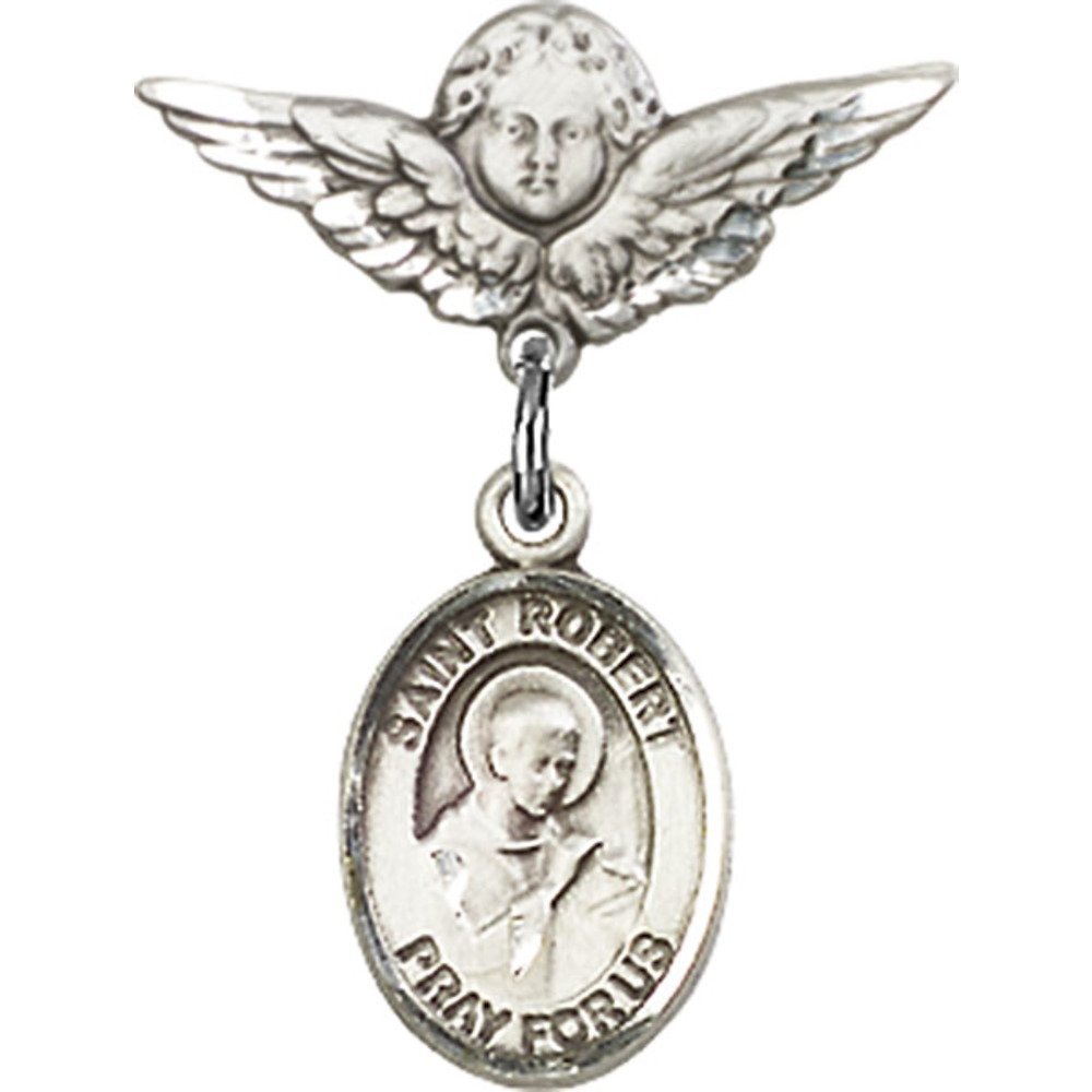 St. Robert Bellarmine Sterling Silver Baby Badge with Angel Wing Charm - 7/8