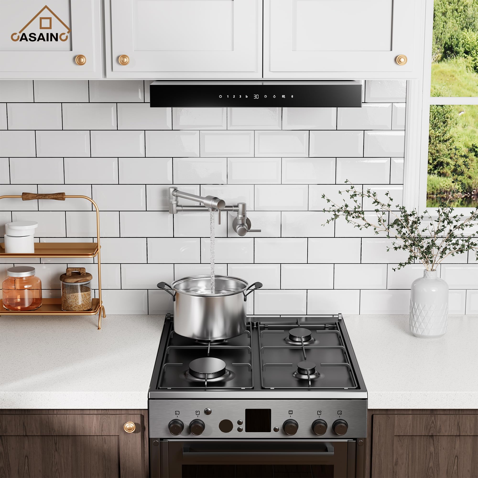 CASAINC Brushed Nickel Commercial Wall Mount Pot Filler Kitchen Faucet - Brass Swing Arm Stove Faucet with Double Joint for Easy Cooking | Perfect for Home Kitchens, Restaurants & Outdoor Cooking Stations