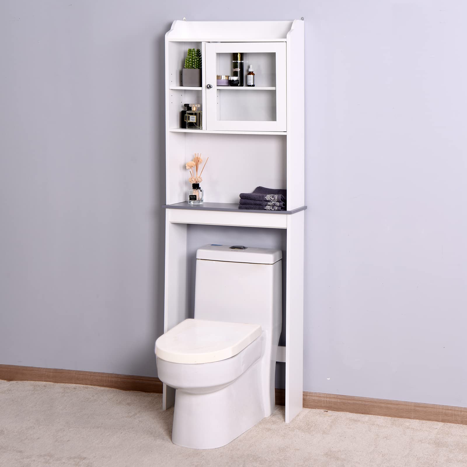 Over The Toilet Storage Cabinet with Adjustable Shelves & Glass Door - 23