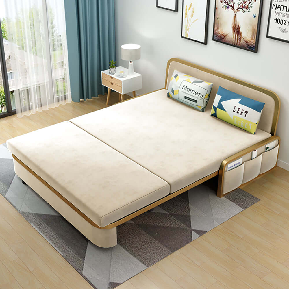 Modern Convertible Sofa Bed with Storage - Velvet Upholstery in Deep Gray & Gold - Perfect for Small Spaces, Guest Rooms & Apartments