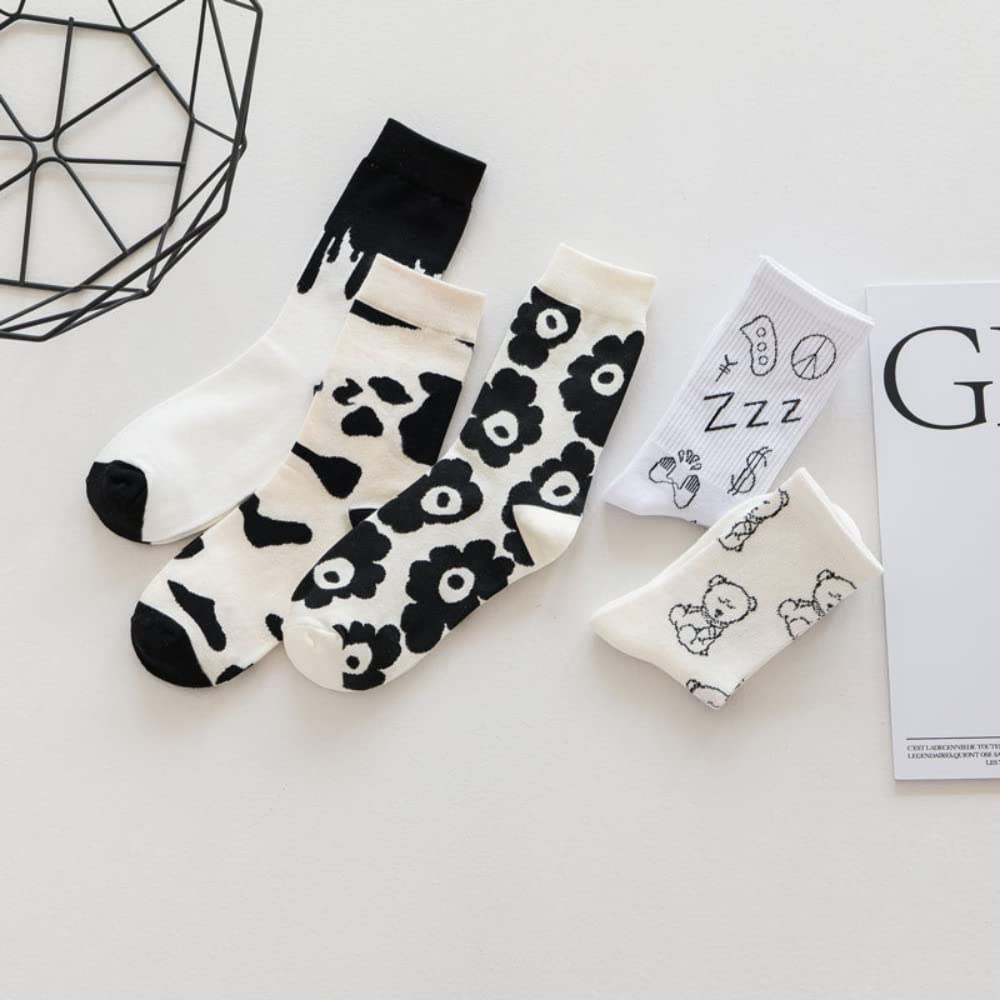 Women's Black and White Cow Print Crew Socks - Soft Cotton Novelty Embroidery Socks for Women & Girls - Fun Casual Socks for Everyday Wear - Perfect Gift for Animal Lovers (Office, Home, Gym, Travel)