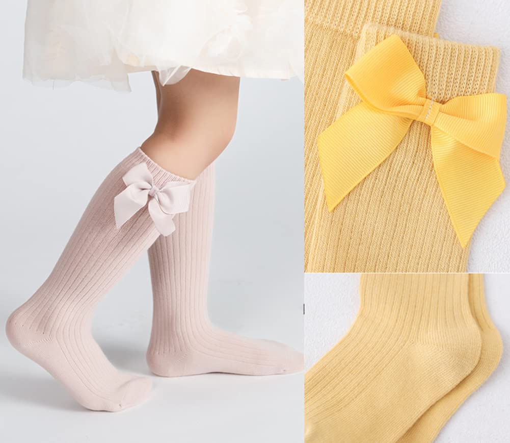 Little Girls' Knee High Socks with Bow Stitching - 6 Pack Cotton Dress & Casual Long Stockings for School, Party, and Everyday Wear (6 Colors)
