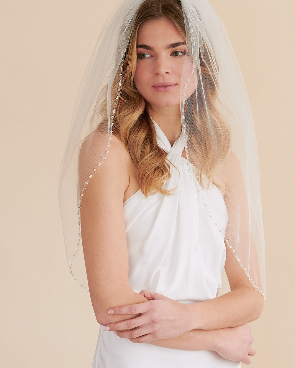 Claire Pearl Wedding Veil - Elegant Bridal Accessory for Church Ceremony & Romantic Photos | Pearl Embellished Tulle Veil with Comb | Perfect for Traditional & Beach Weddings