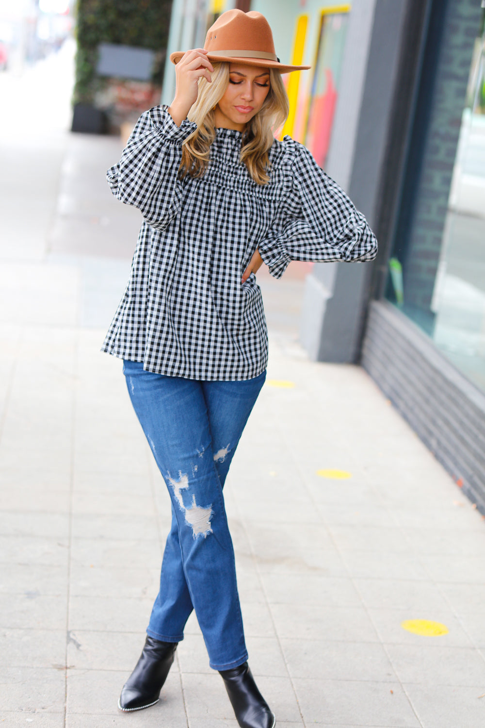 Stylish Black Gingham Shirred Yoke Mock Neck Frilled Top for Women | Vintage-Inspired Blouse for Casual Outfits & Date Nights