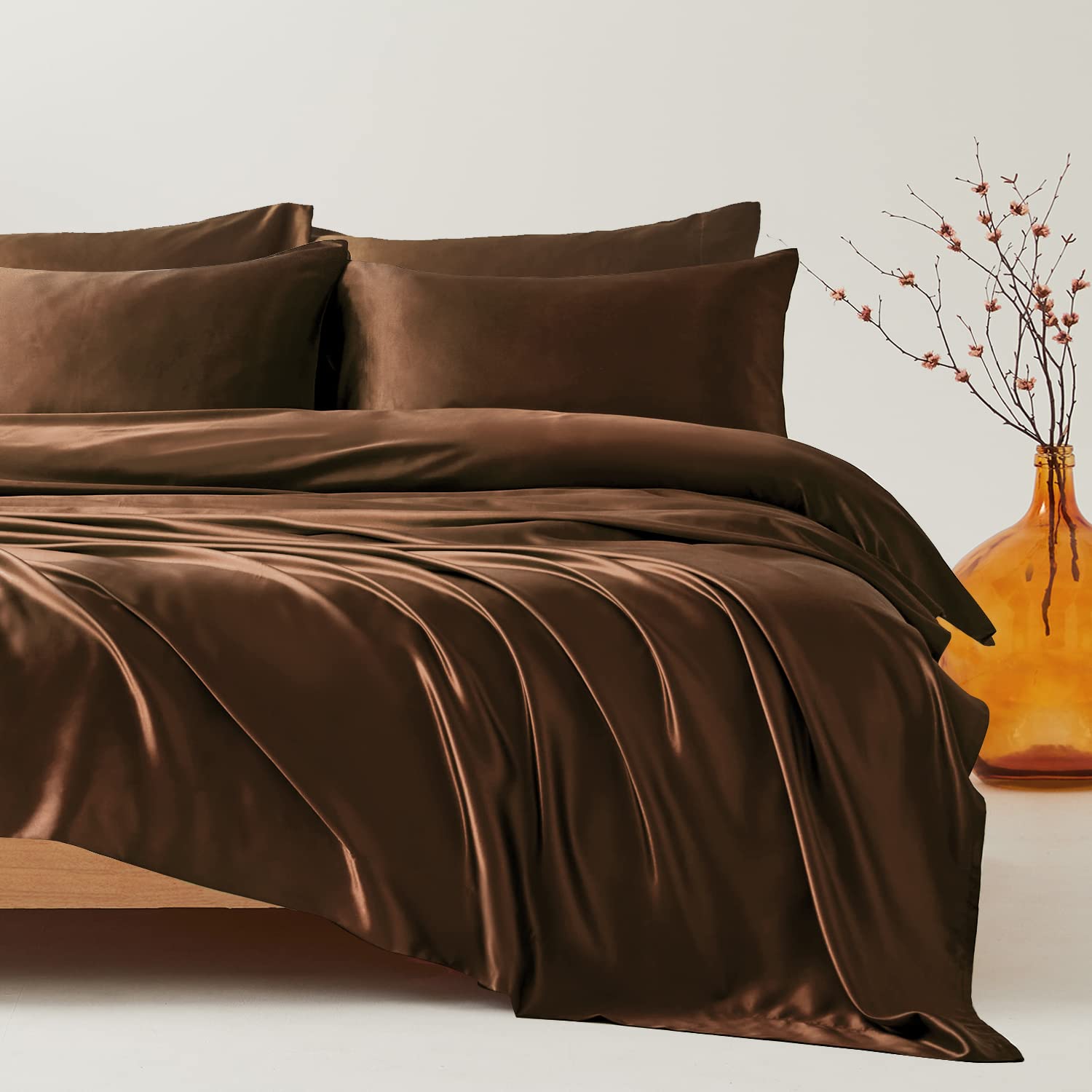 Luxury Candoury Satin Sheets 6-Piece Queen Size Bedding Set - Soft Silky Pillowcases, Flat & Fitted Sheet - Hotel Quality Brown Bed Sheets for Ultimate Comfort | Perfect for Master Bedroom, Guest Room & Airbnb Stays