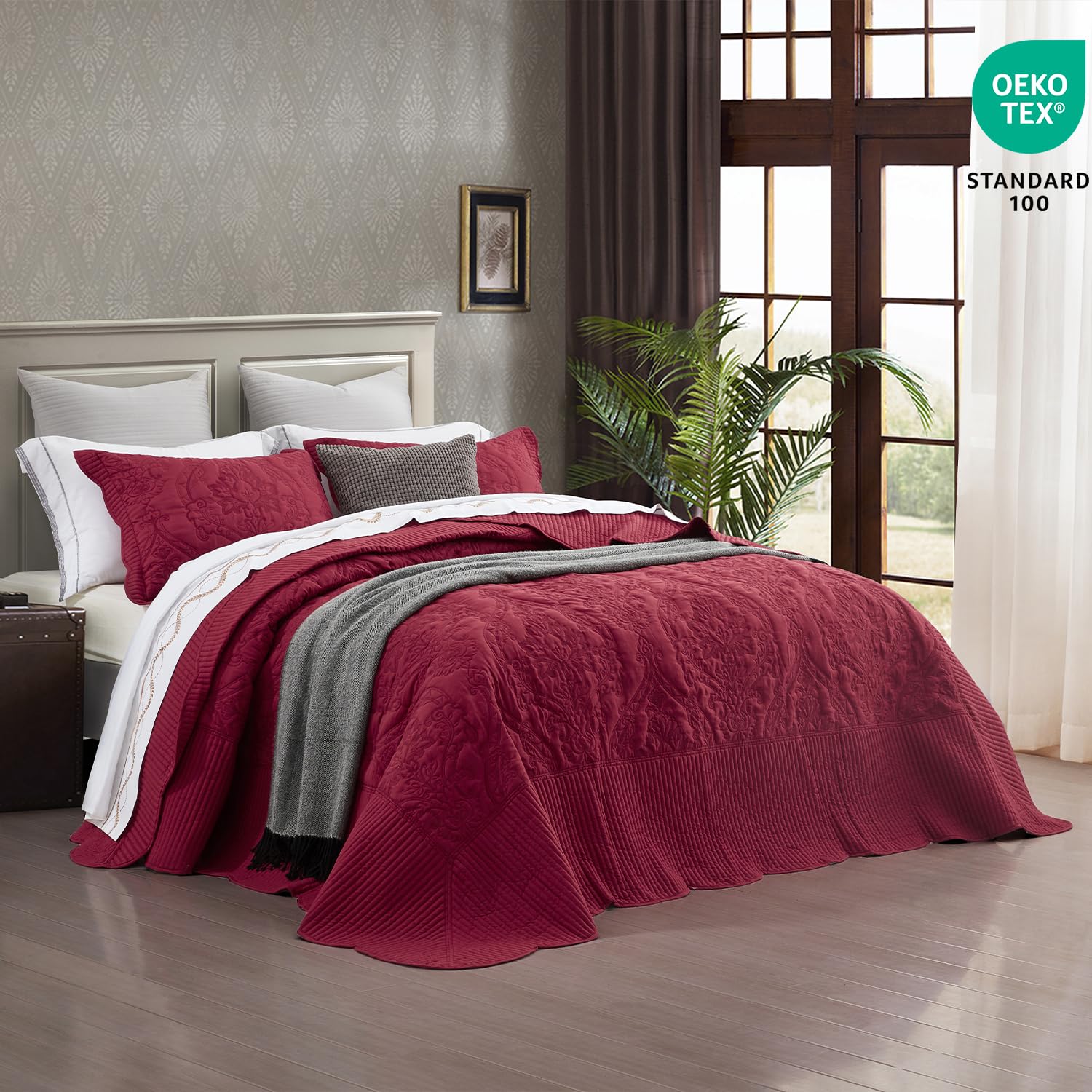 CHIXIN Queen Size Reversible Bedspread Coverlet Set - 4 Piece Lightweight Bedding with Beautiful Stitching & Gorgeous Damask Paisley Pattern (Wine Red) - Perfect for Master Bedrooms, Guest Rooms & Luxury Hotel Decor