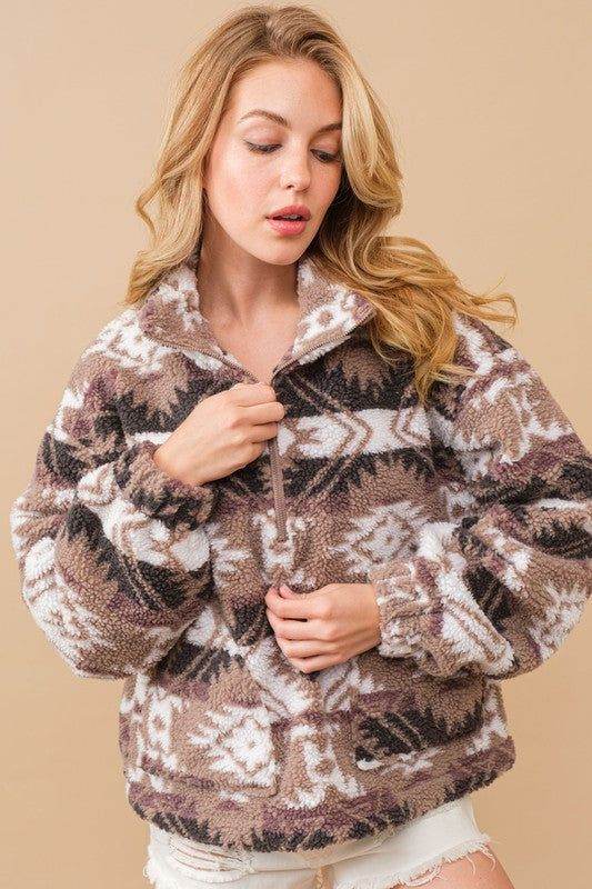 Blue B Aztec Teddy Mock Neck Zip Up Pullover Sweatshirt | Cozy Winter Fleece Hoodie for Women | Perfect for Casual Outfits, Lounge Wear & Street Style