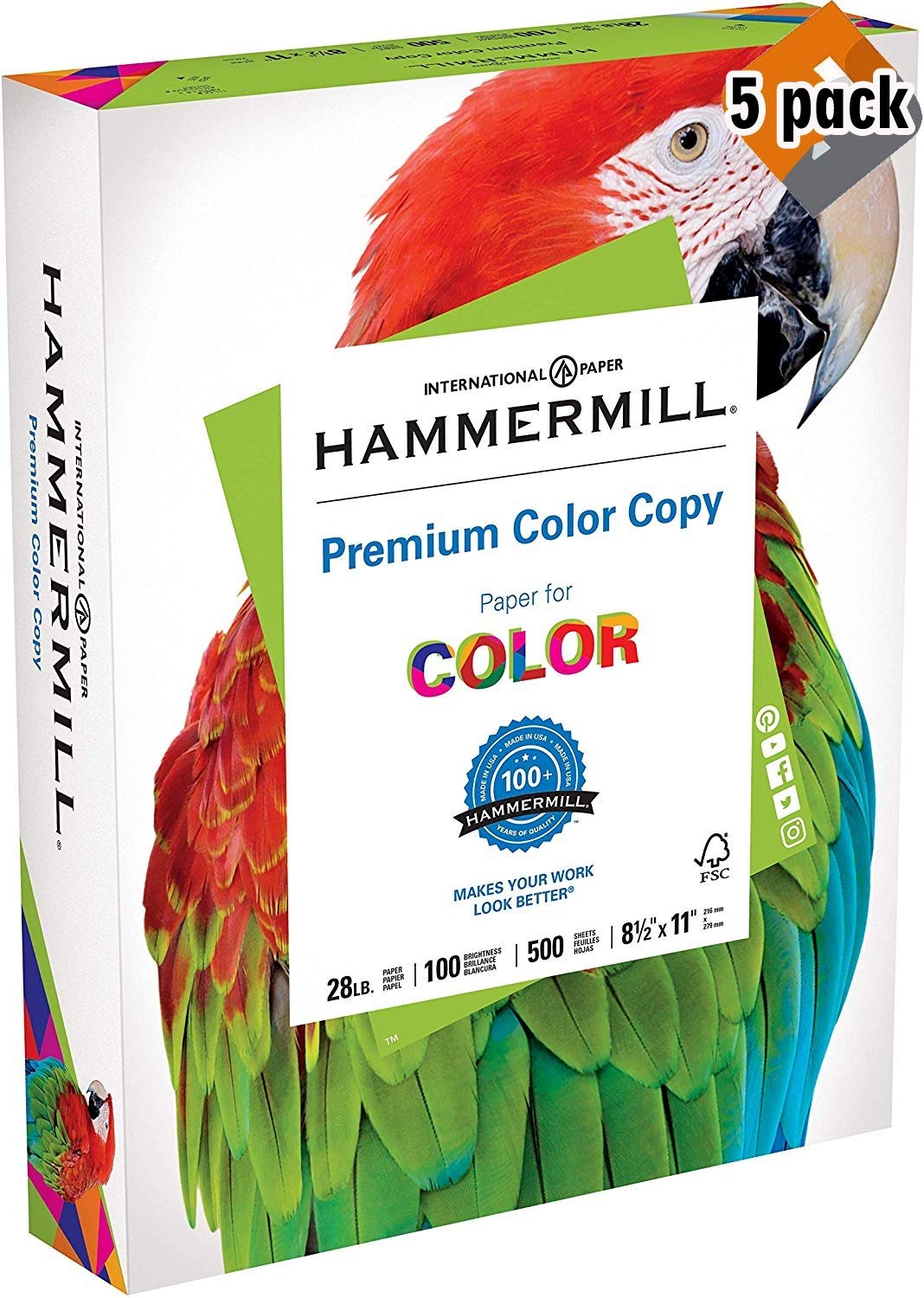 Hammermill Premium 28lb Color Copy Paper 8.5x11 Letter Size, 100 Bright Acid-Free - 5 Pack (500 Sheets Each) for Office Printing, Flyers & Professional Documents