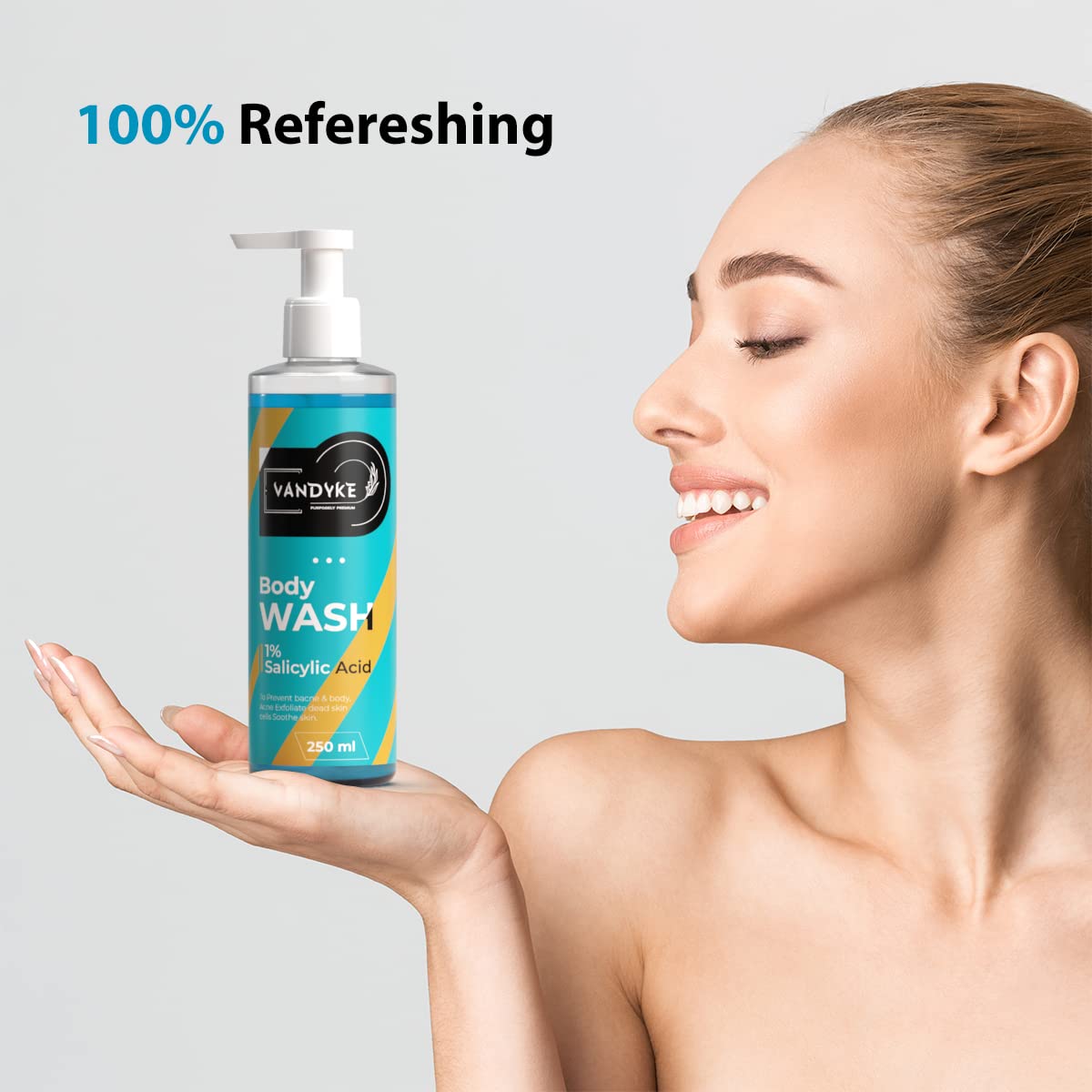 Vandyke 1% Salicylic Acid Body Wash for Acne Treatment - Paraben & SLS Free Shower Gel (250ml) - Gentle Exfoliating Cleanser for Back, Chest & Shoulder Acne - Perfect for Daily Skincare Routine