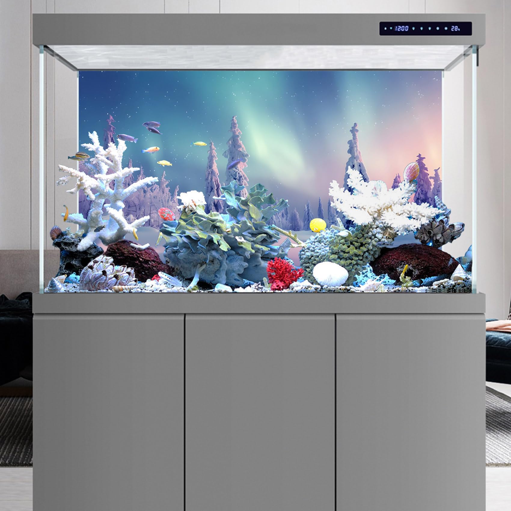48x24 Inch Winter Snow Scene Fish Tank Background - Snowfield Pine Forest, Rime, Starry Sky & Aurora Polyester Backdrop for Reptile Habitat, Terrarium & Bearded Dragon Aquarium | Perfect for Holiday Decorations & Winter-Themed Pet Enclosures