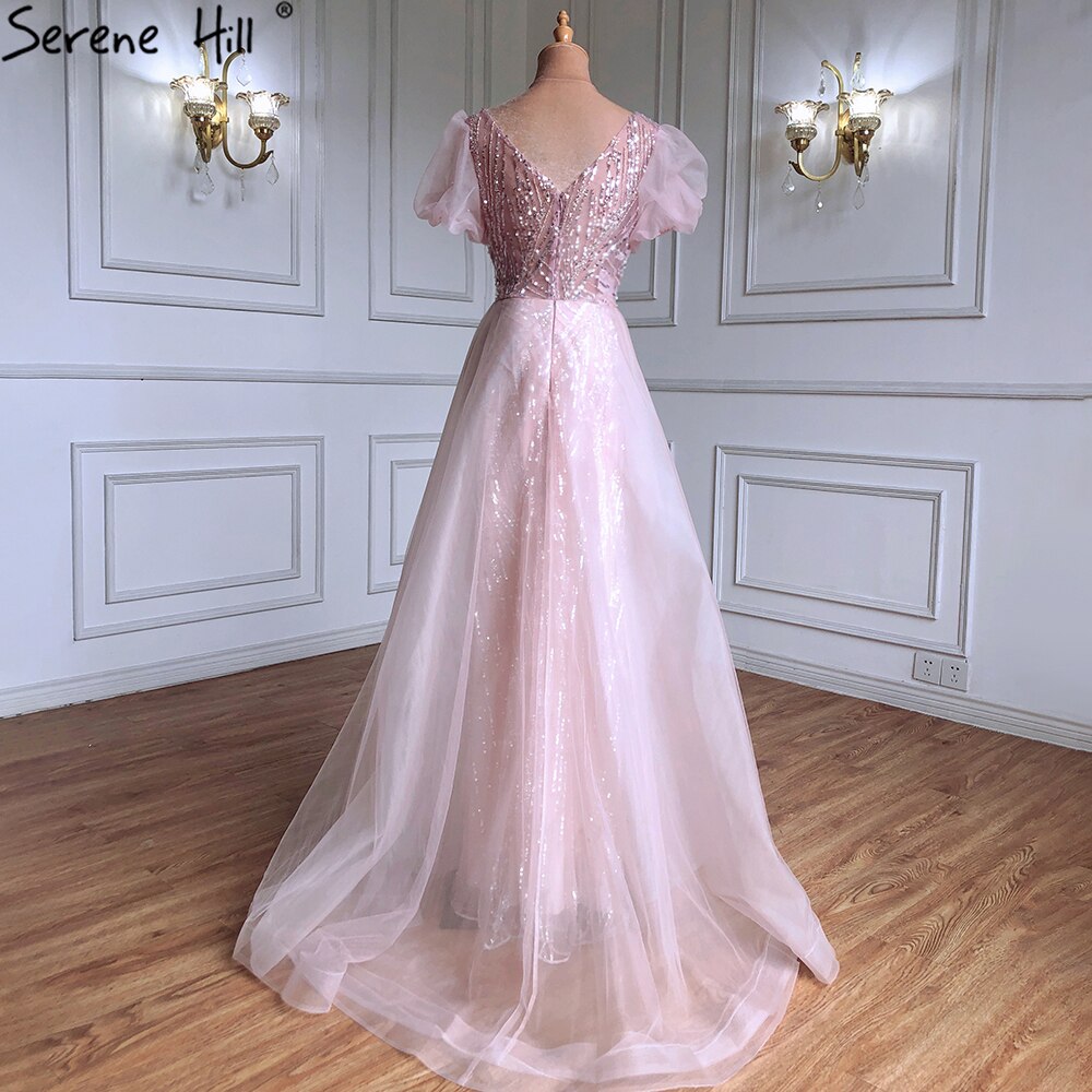 Serene Hill Pink Luxury Overskirt Evening Gown with Beaded Puffy Short Sleeves - Women's Formal Party Dress 2025 Collection LA71361 | Perfect for Weddings, Galas & Special Occasions