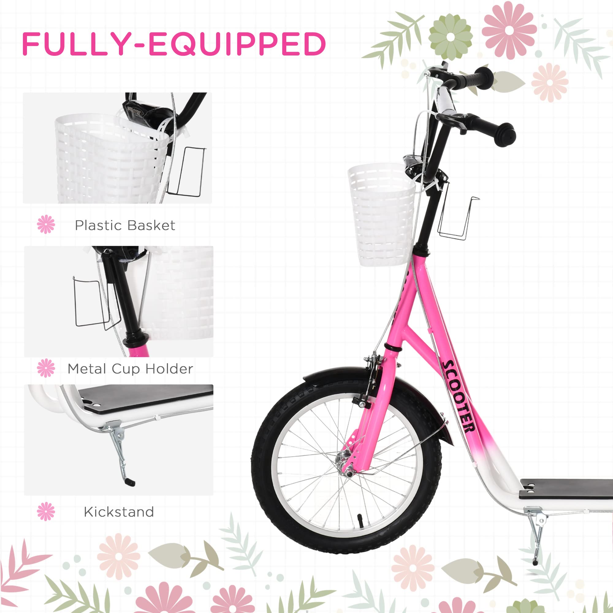 Aosom Kids Kick Scooter - Adjustable Handlebar, Dual Brake System, 16