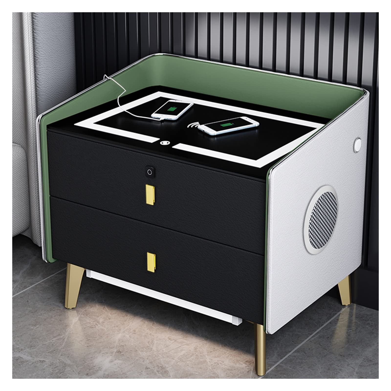 AVLUZ Smart LED Nightstand with Wireless Charging Station, USB Ports & Bluetooth Speaker - Fingerprint Unlock Bedside Table with Storage Cabinet for Bedroom (Black) - Perfect for Modern Home, Apartment & Dorm Room Decor