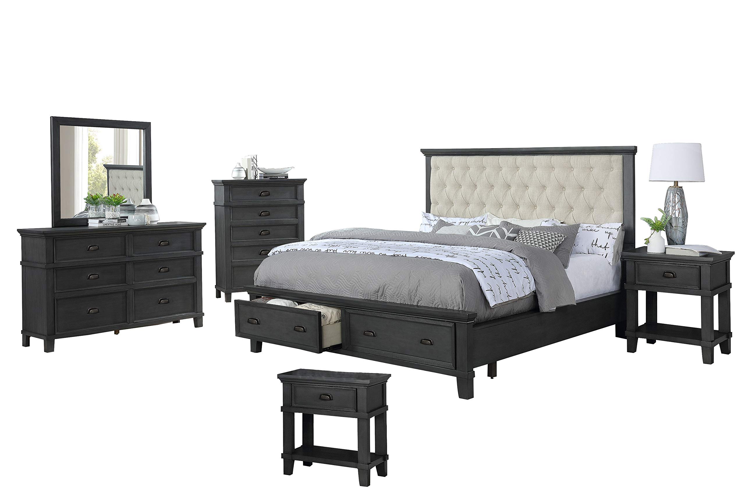 6-Piece California King Bedroom Set with Dresser, Mirror, 2 Nightstands & Chest in Gray - Perfect for Master Bedroom Decor and Spacious Home Furniture