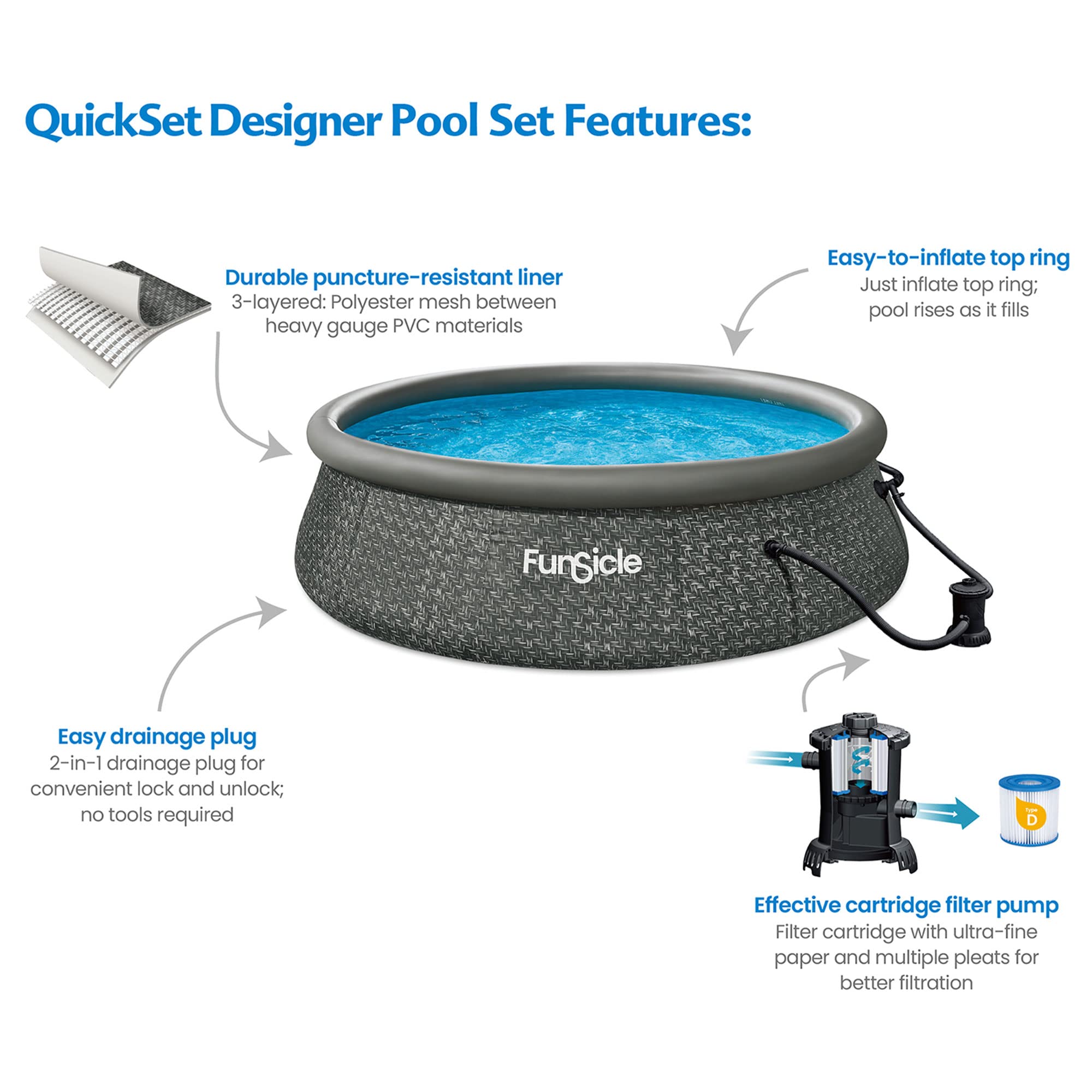 Funsicle 12ft x 36in Quick-Set Round Inflatable Above Ground Swimming Pool Set with Pump & Cartridge Filter - Dark Herringbone Design for Backyard, Garden & Outdoor Family Fun