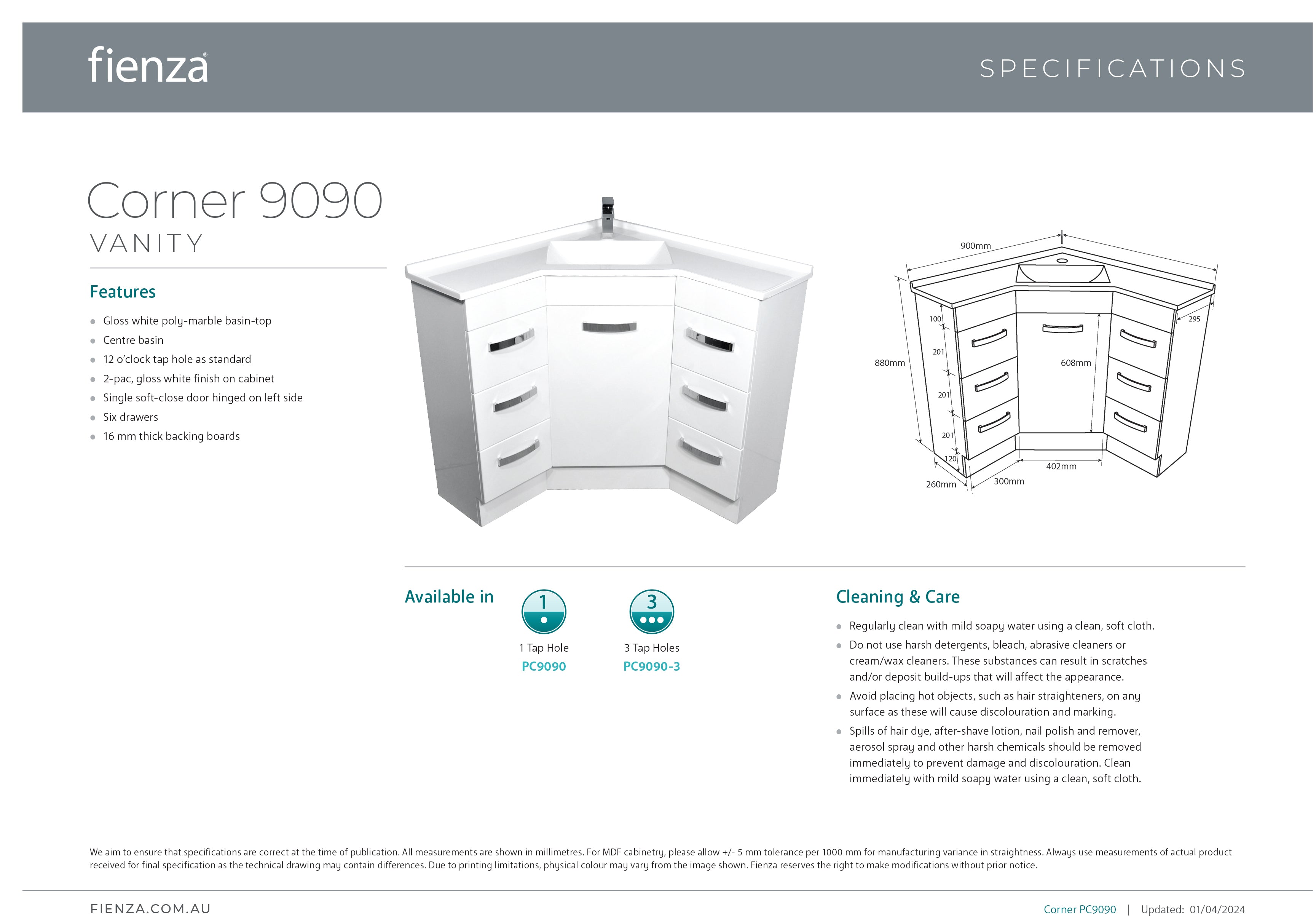 Fienza PC9090 900x900 White Corner Vanity Unit - Perfect for Small Bathrooms & Space-Saving Bathroom Remodeling