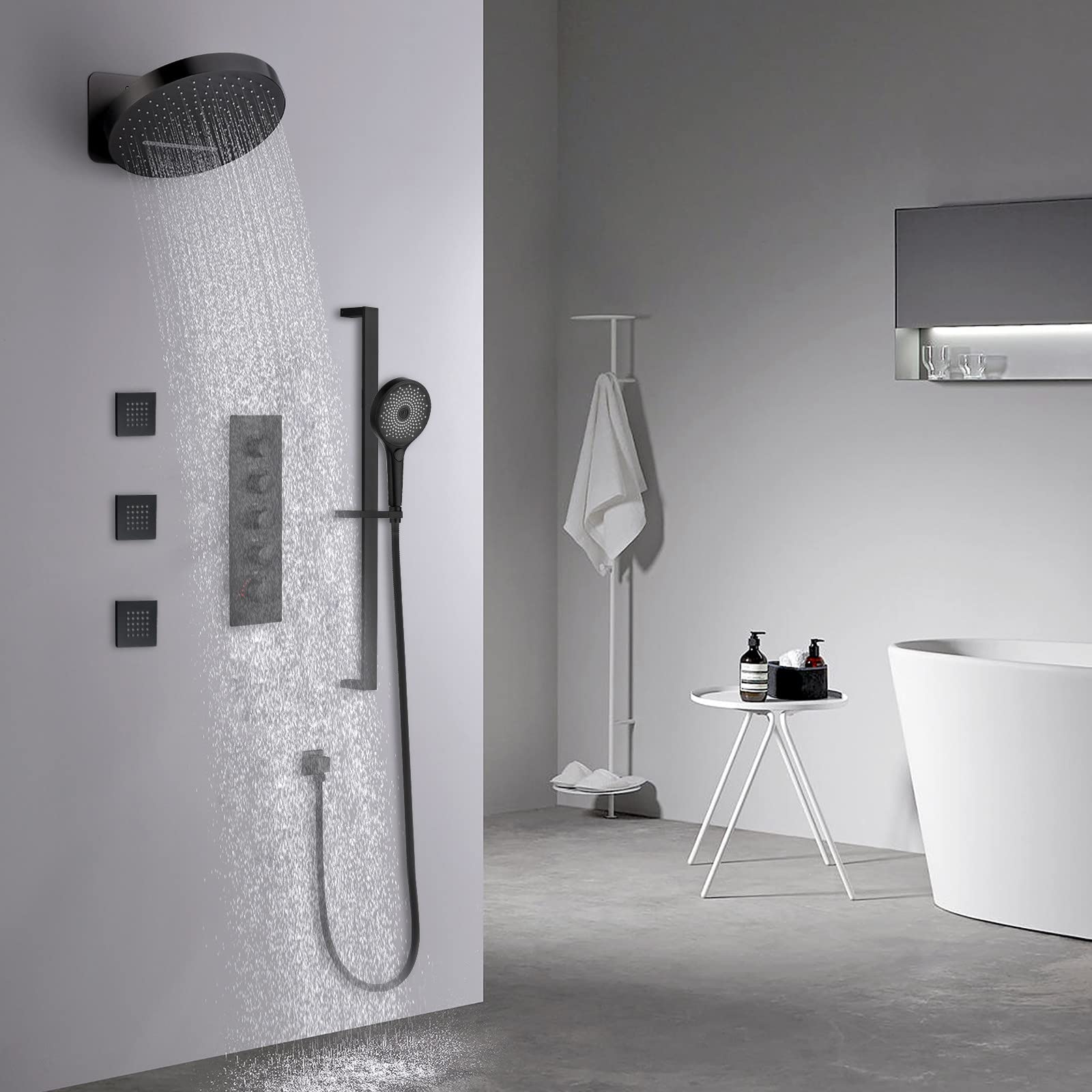Thermostatic Shower System Set - 4 Function Mixer Tap Valve with Rainfall Shower Head, Handheld Spray & 3 Body Jets - Wall Mounted Complete Combo with Slide Bar for Luxurious Bathroom Experience - Perfect for Master Bath, Spa Retreat & Modern Home Renovation
