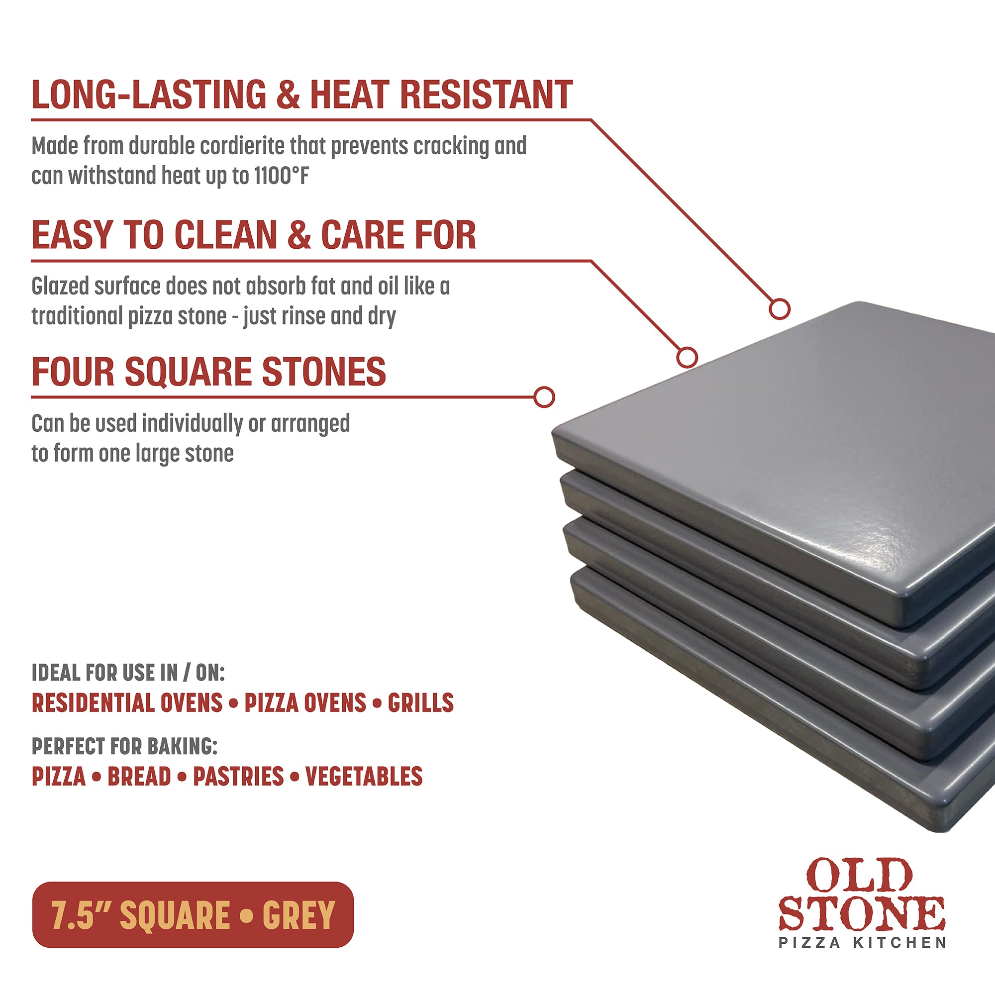 Premium 4-Piece Glazed Cordierite Square Pizza Stone Set - 7.5x7.5 Inch Grey Baking Stone for Perfect Homemade Pizza, Bread & Pastry - Ideal for Oven, Grill & Outdoor Cooking