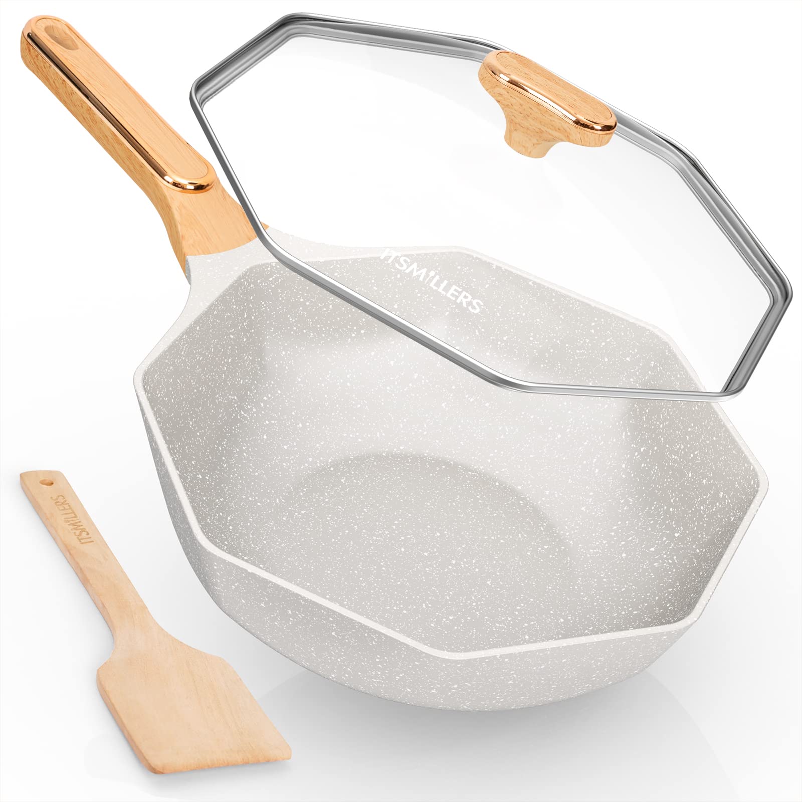 ITSMILLERS 12.5 Inch Ceramic Nonstick Octagonal Wok - Die-Cast Induction Stir Fry Pan with Glass Lid, PFOA Free (Cream White) - Perfect for Asian Cooking, Stir Frying, Sautéing & Healthy Meals