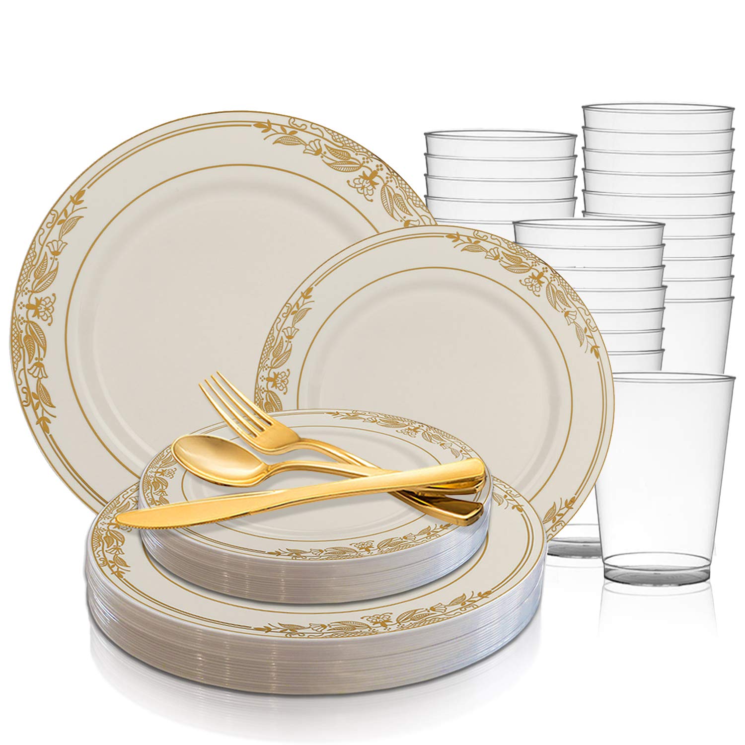 Elegant Disposable Plastic Dinnerware Set for 60 Guests - Ivory Round Plates with Gold Rim, Salad/Dessert Plates, Gold Silverware & Cups | Perfect for Weddings, Birthday Parties, Baby Showers & Special Events
