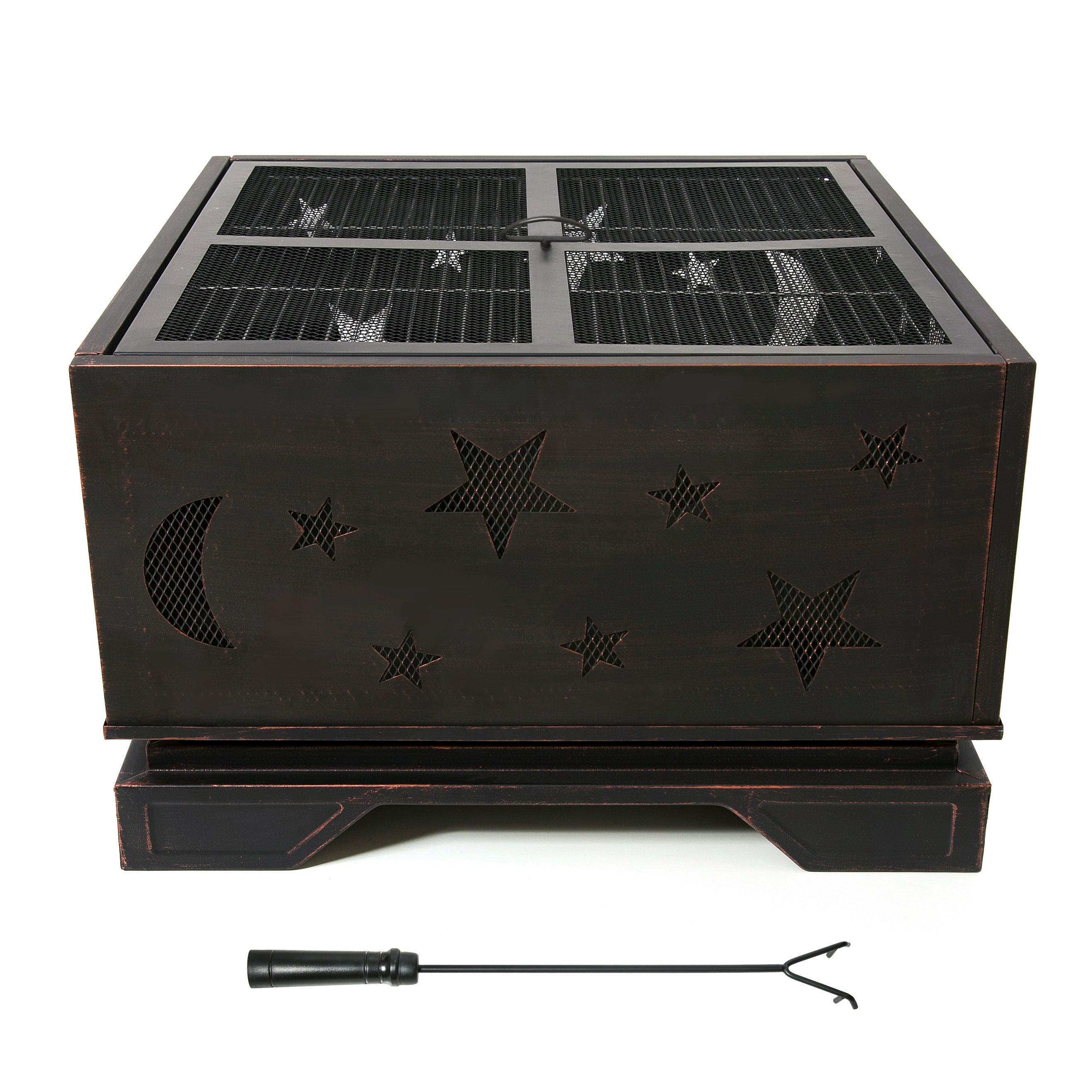 26 Inch Square Fire Pit with BBQ Grill - Outdoor Wood Burning Fireplace with Poker Tool, Large Fire Bowl for Patio, Garden, Camping, Backyard & Picnic | Perfect for Bonfires, Roasting Marshmallows & Outdoor Gatherings