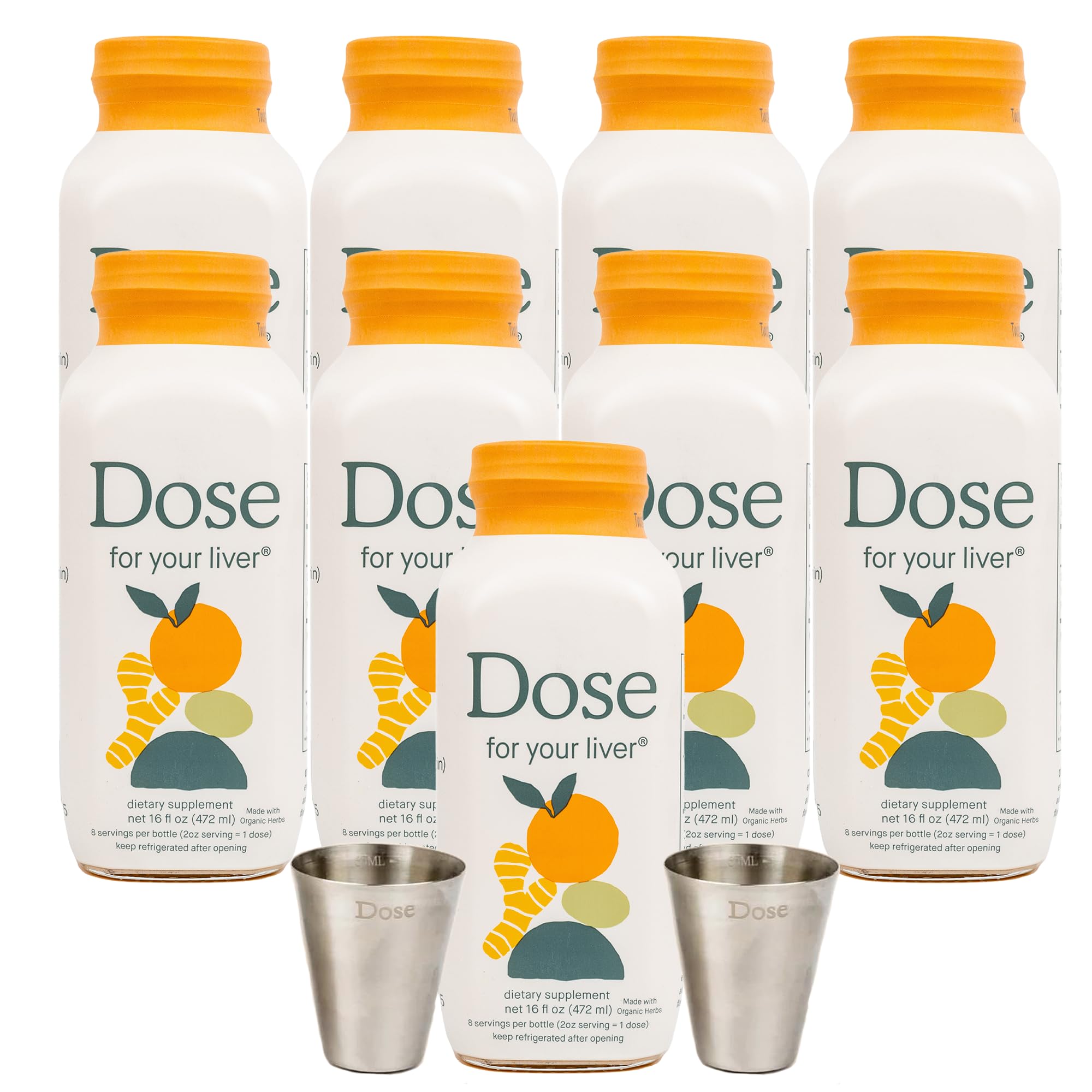Liver Support Supplement Shot - Non GMO, Vegan, Gluten Free, Kosher Pareve | 16oz (9 Bottles) with 2oz Shot Glass (2 Glasses) | Detox & Wellness Boost for Daily Health Routine