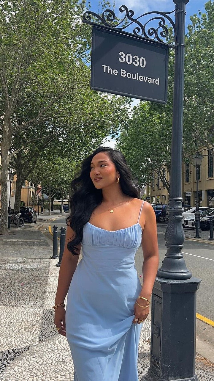 Margie Midi Dress for Women - Flowy Blue Summer Dress with V-Neck & Short Sleeves | Perfect for Beach Vacations, Date Nights & Casual Outings