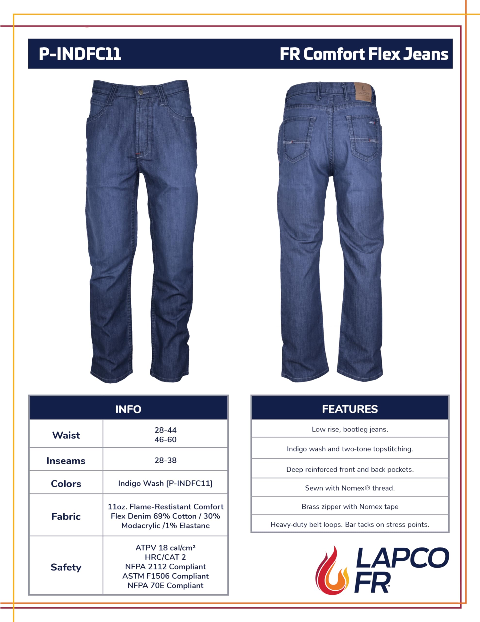 LAPCO FR Men’s Low Rise Flex Jeans - Flame Resistant Stretch Fit Work Pants, Medium Wash Denim for Construction & Industrial Safety