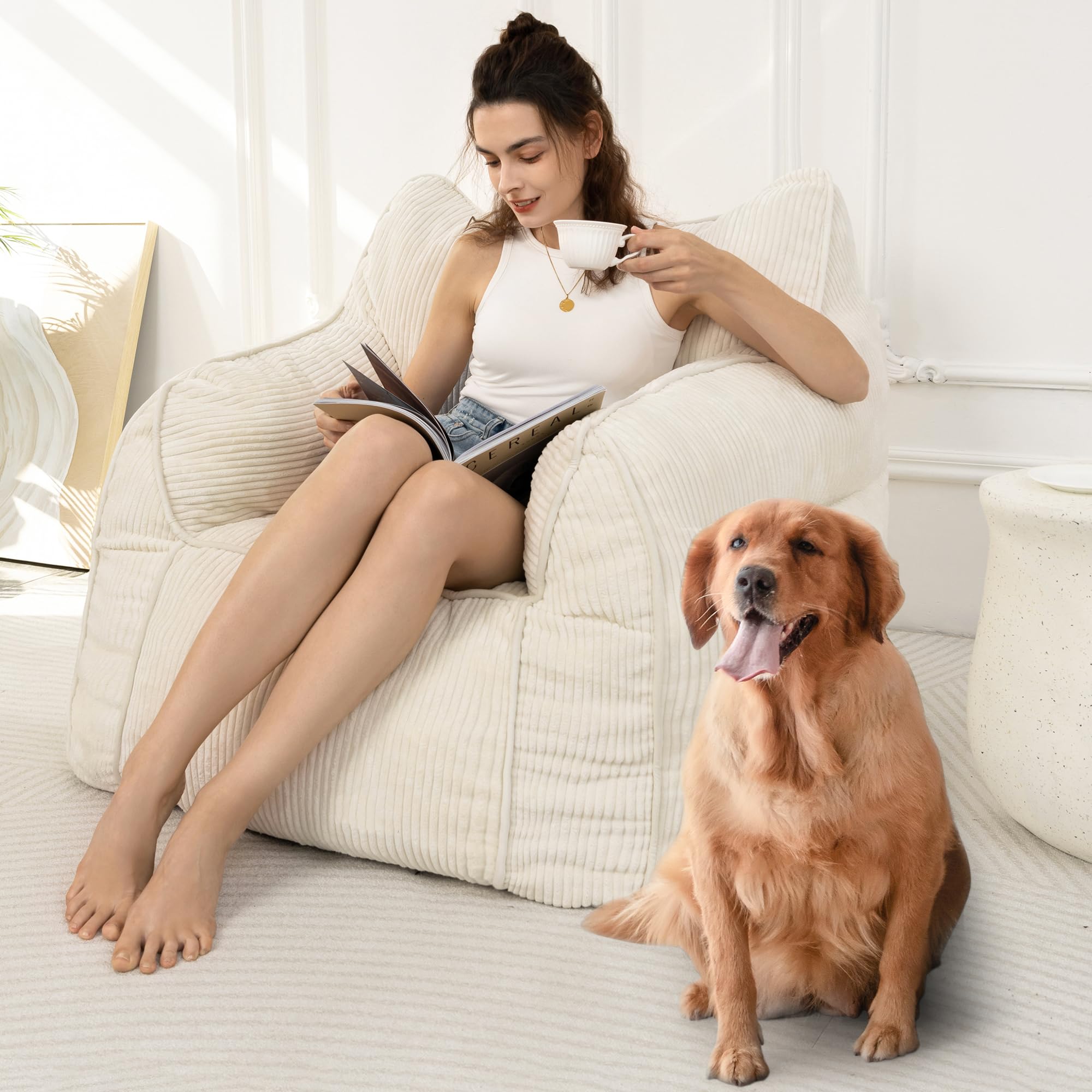 MAXYOYO High-Density Foam Bean Bag Chair Sofa - Soft & Comfortable Beige Lounge Chair for Living Room, Bedroom, Dorm, or Game Room - Perfect for Relaxing, Reading & Gaming
