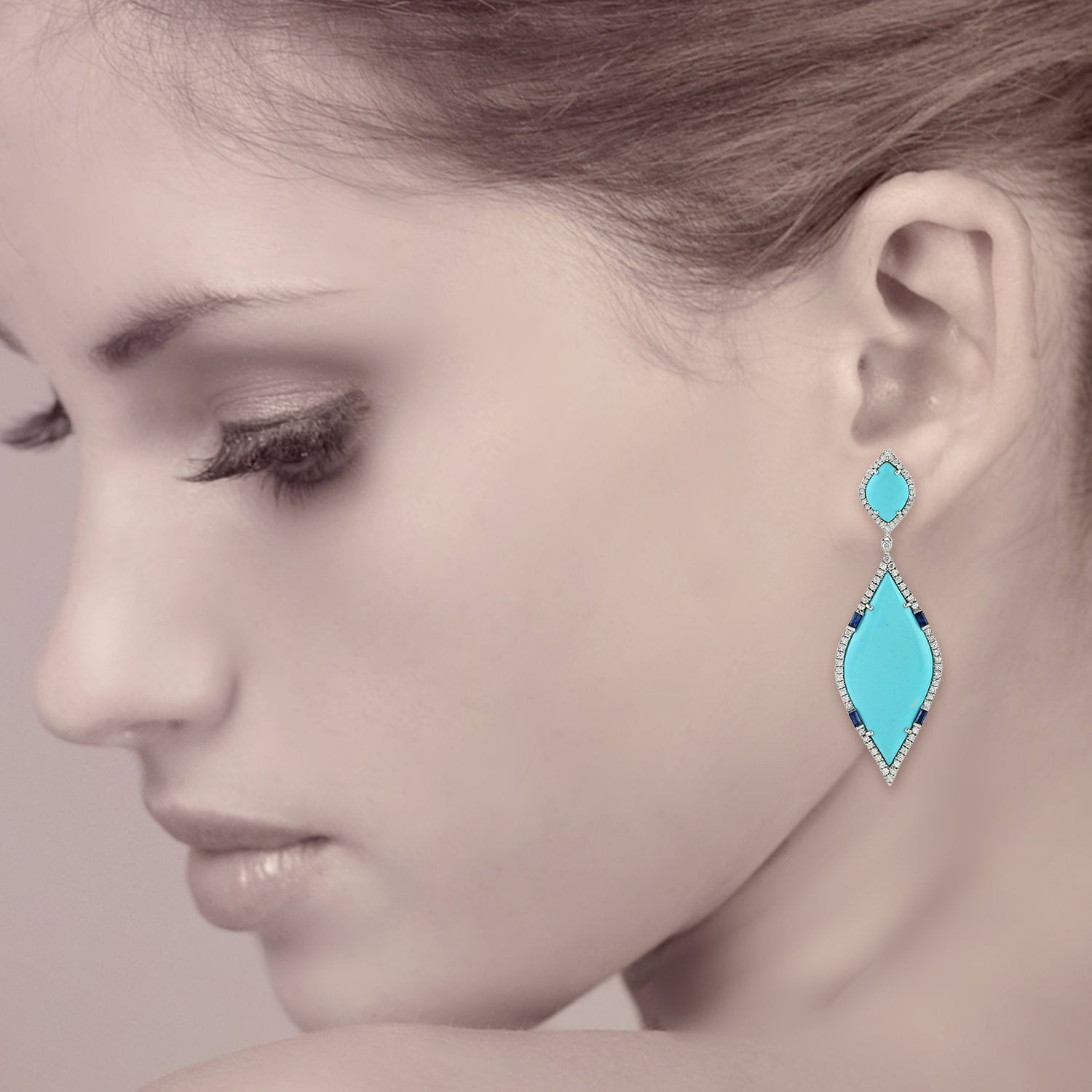 Blue Sapphire & Turquoise Baguette Gemstone Marquise Dangler Earrings in White Gold with Pave Diamonds - Perfect for Weddings, Parties & Special Occasions