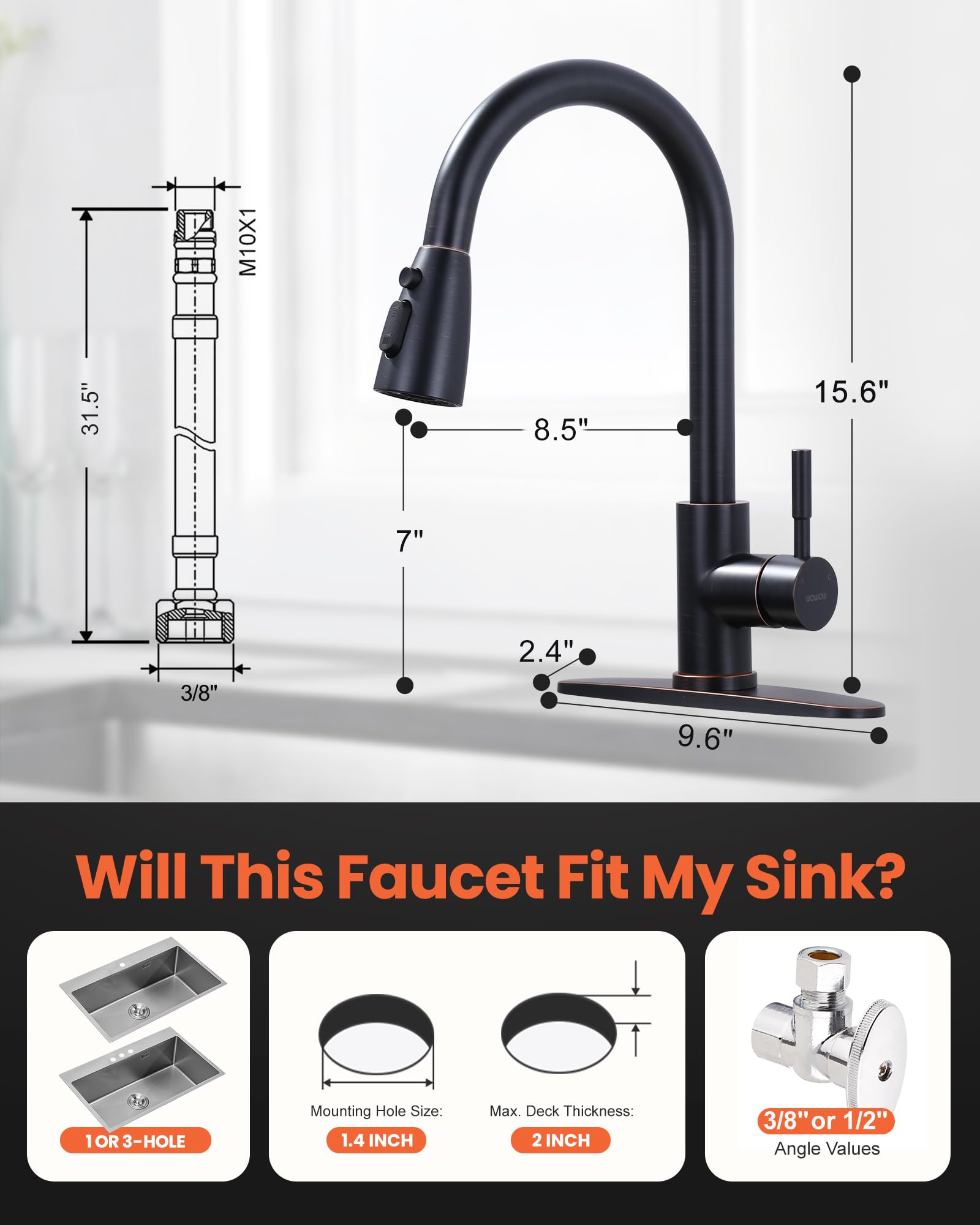 WOWOW Oil Rubbed Bronze High Arc Pull Down Kitchen Faucet with Sprayer - Stainless Steel Sink Faucet for Modern Kitchens | Perfect for Washing Dishes, Filling Pots & Cleaning Vegetables