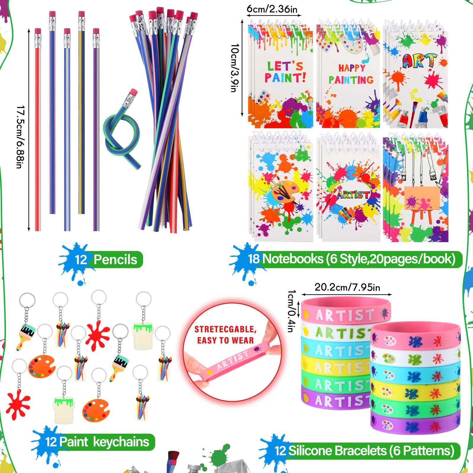 Jenaai 102 Pcs Art Paint Party Favor Supplies Kit - 12 Drawstring Backpacks, 12 Silicone Bracelets, 12 Badges, 12 Keychains, 18 Spiral Notepads, 12 Bendable Pencils, 12 Stickers & 12 Necklaces - Perfect for Kids Birthday Parties, School Events & DIY Craft Activities
