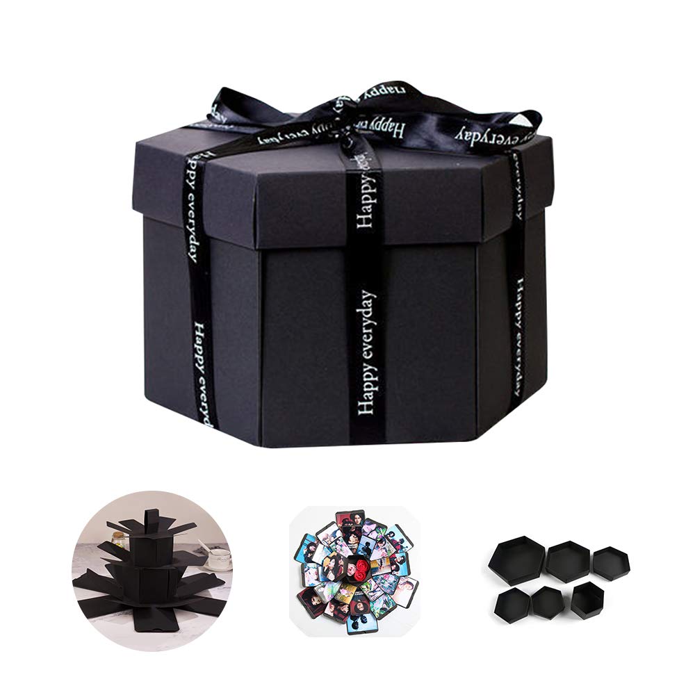 Goosacyon 3 Pack DIY Hexagon Explosion Photo Album Gift Box - Handmade Scrapbook Memory Keepsake for Wedding, Anniversary, Birthday, Valentine's Day & Mother's Day (Black) | Perfect for Surprise Party Favors, Love Notes & Special Occasion Gifts