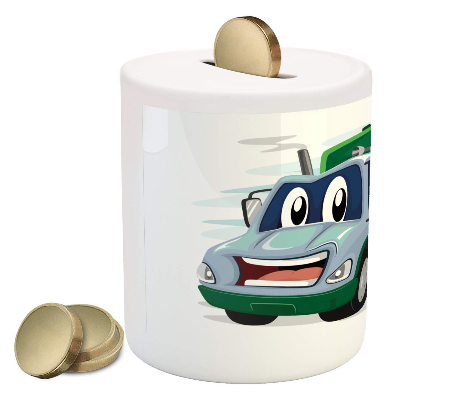 Ambesonne Ceramic Piggy Bank - Cute Garbage Truck Design with Funny Smile, 3.6