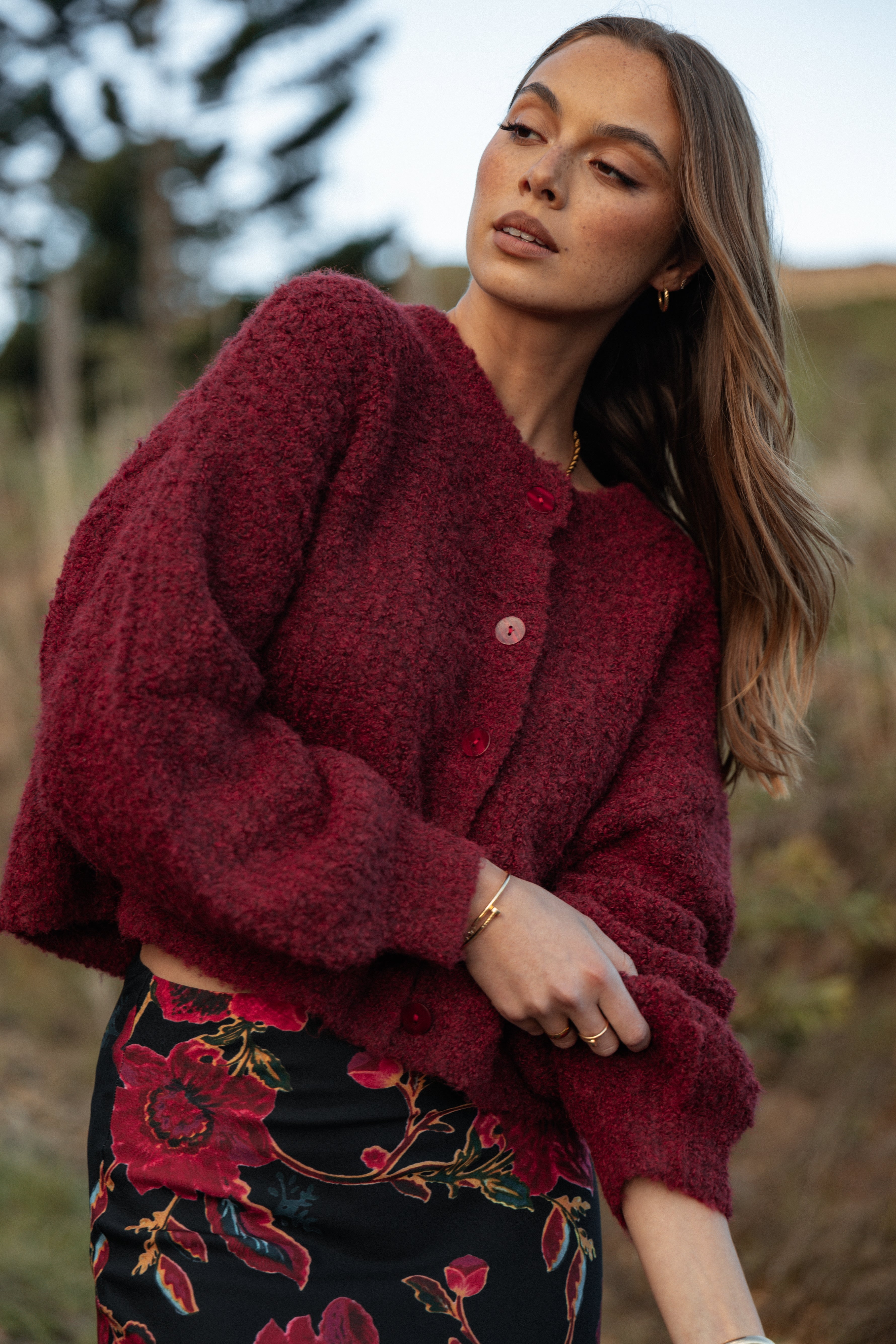 Albertine Cardigan for Women - Elegant Wine Red Knit Sweater | Cozy Fall & Winter Cardigan for Casual Outfits & Layering