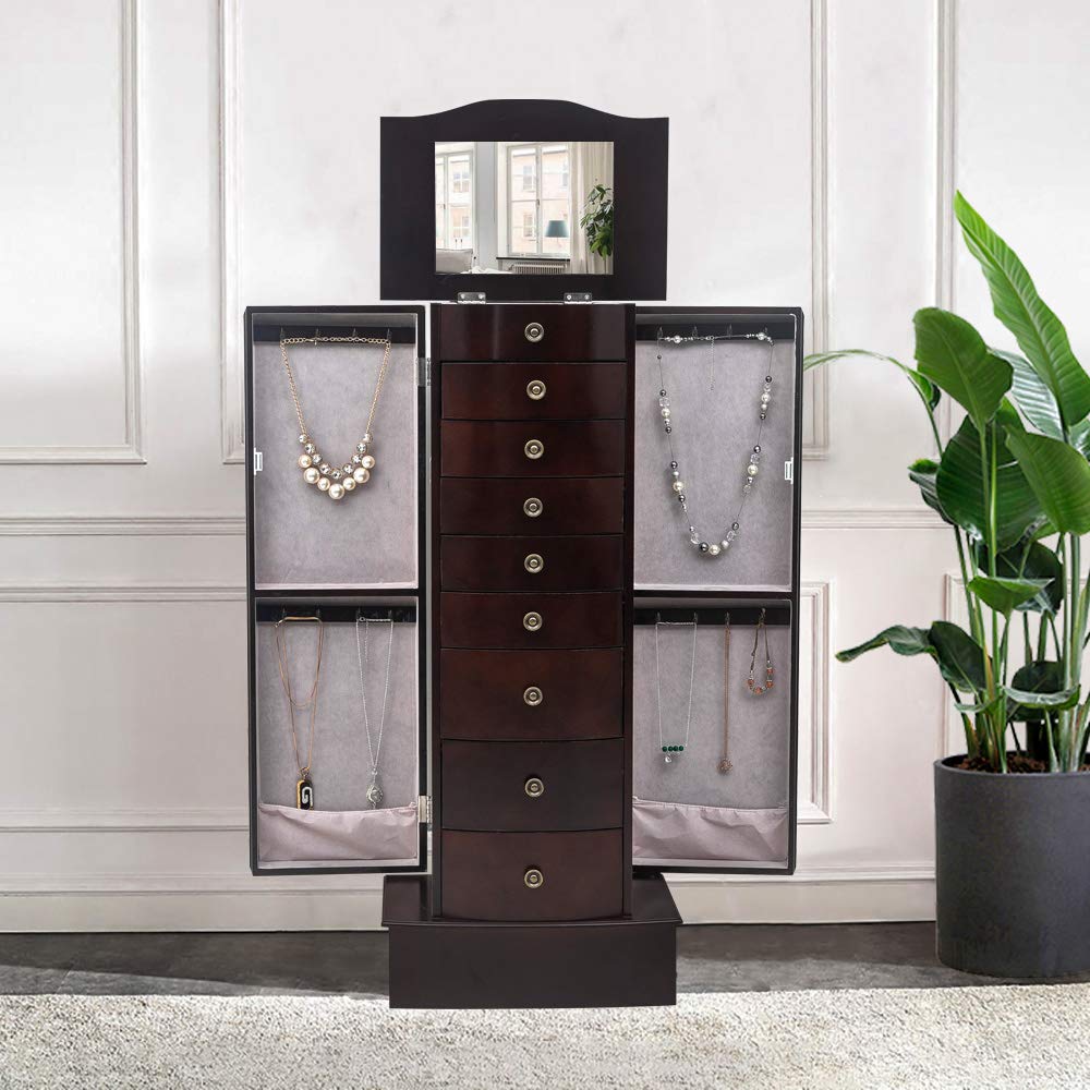9-Layer Standing Jewelry Armoire Cabinet with 8 Drawers & 2 Swing Doors - Jewelry Box Organizer with 16 Necklace Hooks & Makeup Mirror - Perfect for Bedroom, Closet & Dressing Room Storage