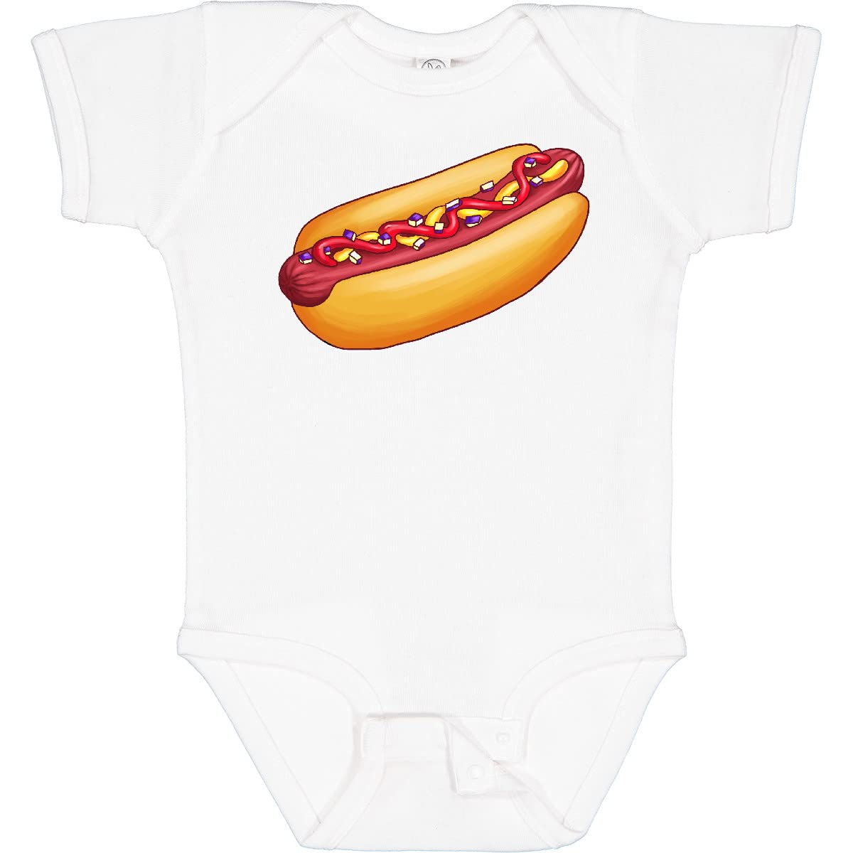 Inktastic Hot Dog Graphic Baby Bodysuit - Cute Mustard, Onions & Ketchup Design for Infants - Perfect for Family BBQs, Picnics & Funny Baby Outfits