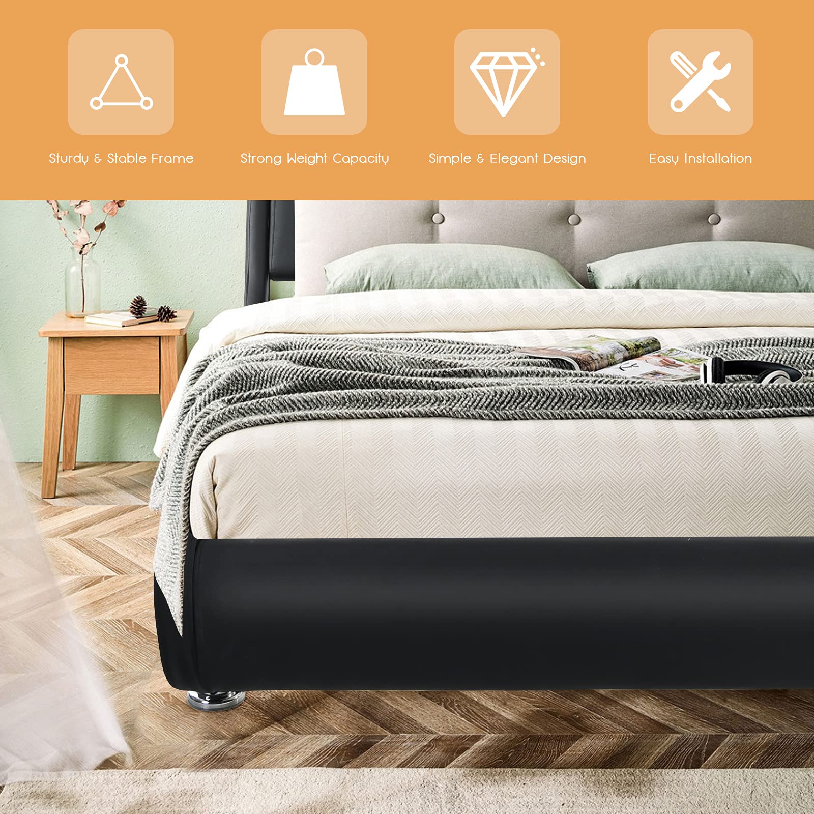 Giantex Full Size Upholstered Platform Bed Frame with Adjustable Headboard - Faux Leather Low Profile Curved Design, Wood Slat Support, No Box Spring Needed - Perfect for Modern Bedrooms, Guest Rooms & Small Spaces