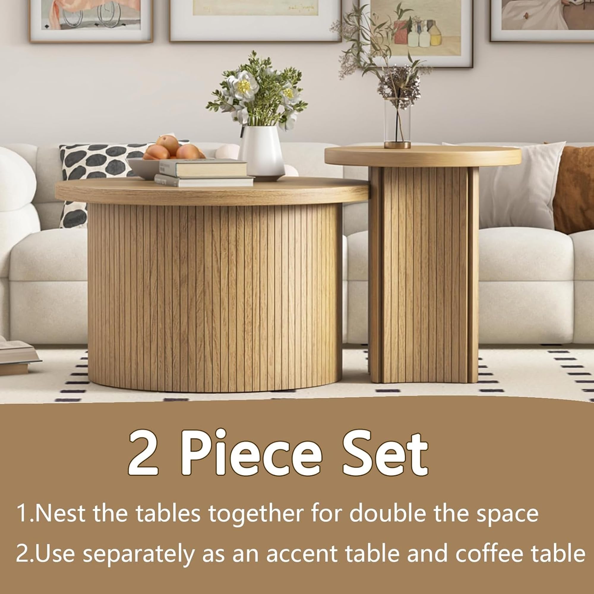 Set of 2 Round Nesting Coffee Tables - Farmhouse Style Wood Finish Living Room Side Tables for Sofa, Bedroom & Small Spaces (Large Size) - Perfect for Coffee, Books & Decor Display