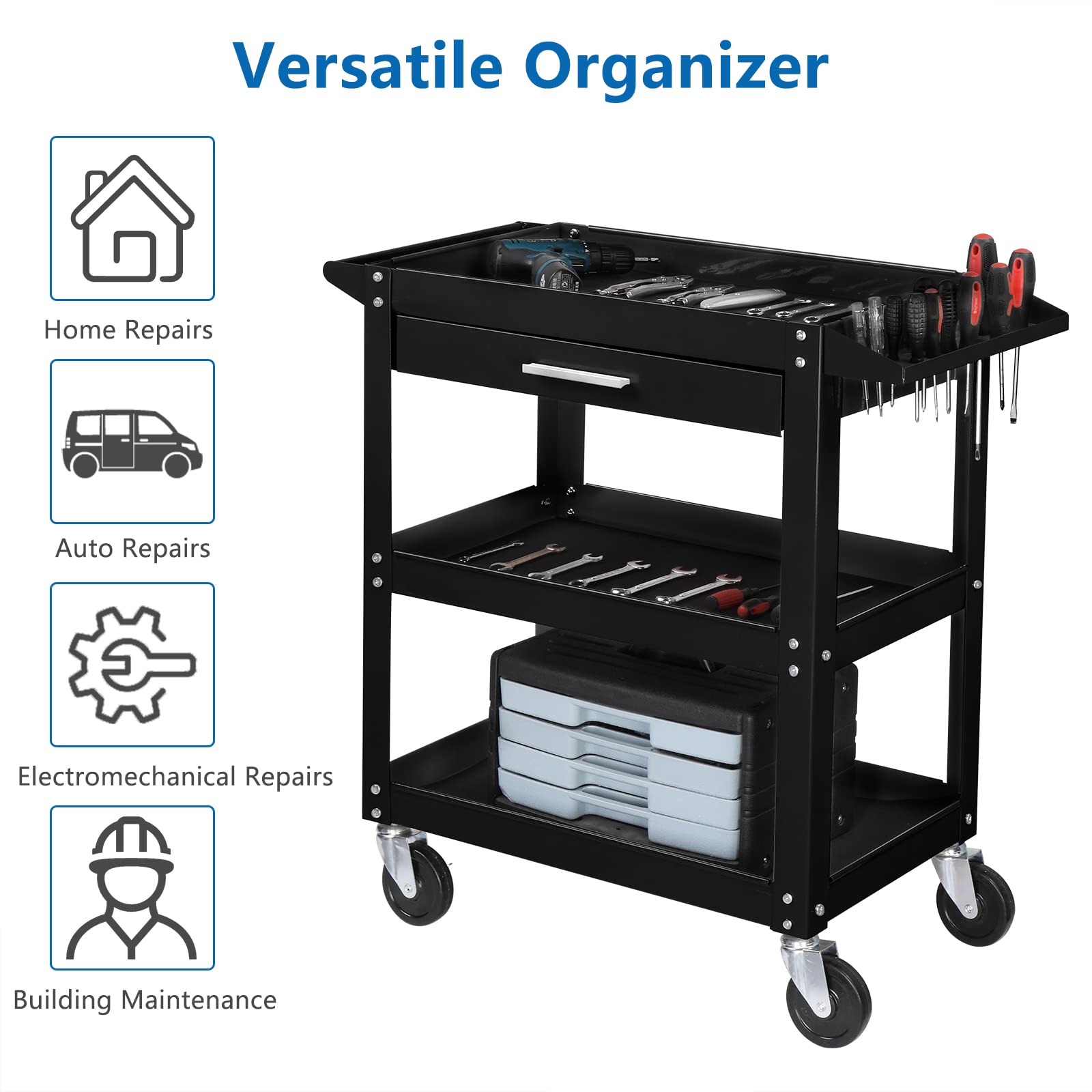 TUFFIOM 3-Tier Heavy Duty Rolling Tool Cart with Drawer & Wheels - 330 LBS Capacity Industrial Utility Cart with 2 Brakes - Perfect Tool Organizer for Mechanics, Garage, Warehouse & Repair Shop - Ideal for Automotive, DIY Projects & Workshop Organization